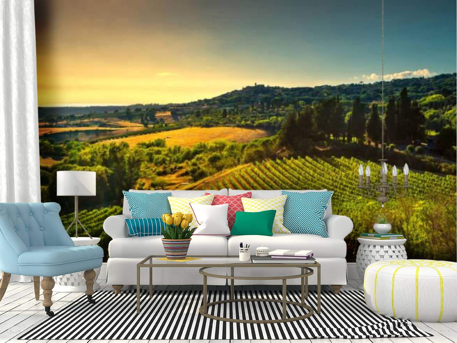 Self Adhesive Removable Peel and Stick Wallpaper - Tuscan Vineyard Landscape Mural (Casale Marittimo Village, Maremma) - Waterproof Decorative Wall Covering for Living Room, Bedroom, Kitchen, Office