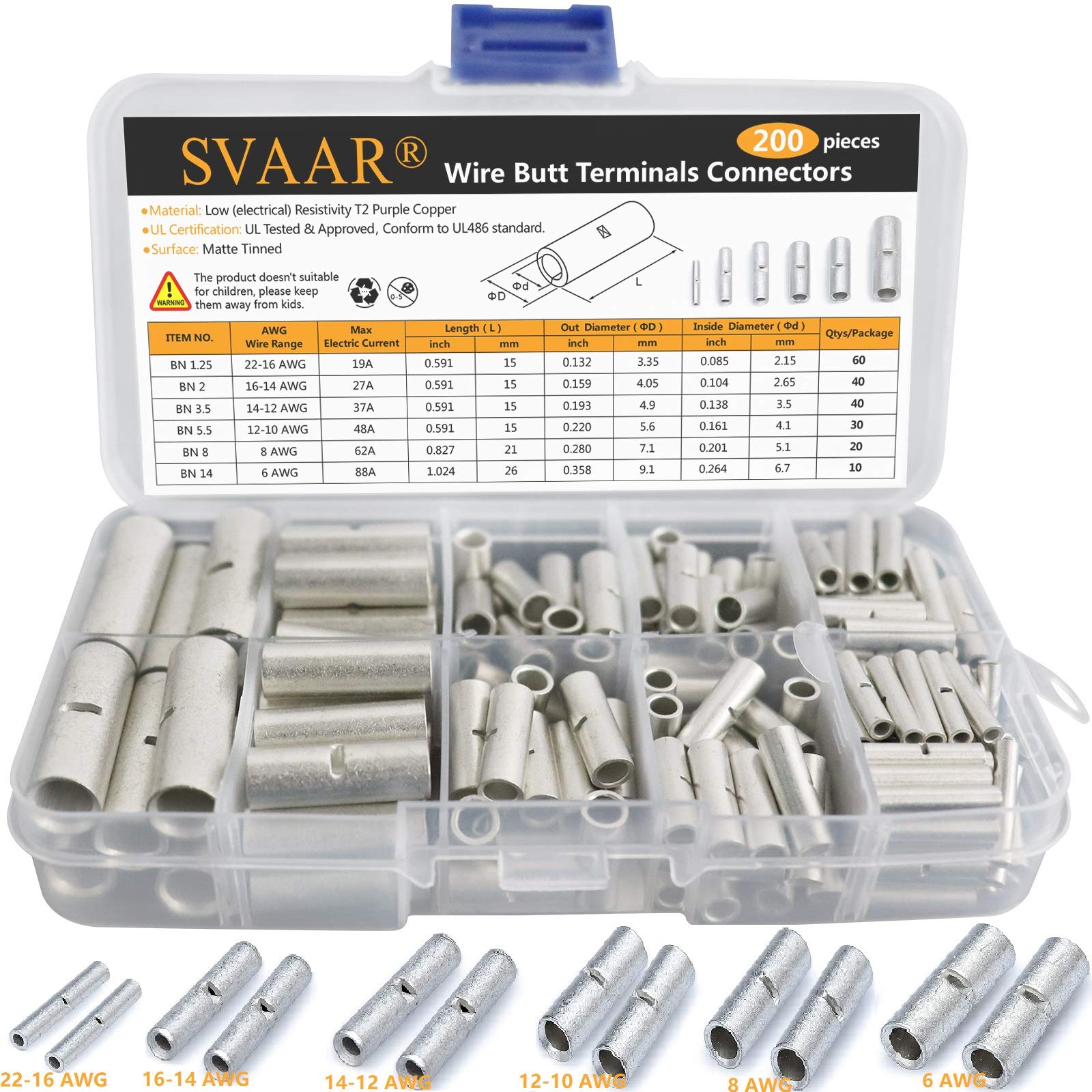 SVAAR 200PCS Non-Insulated Butt Connectors Kit - Marine Grade Tinned Copper, Seamless Crimp Wire Terminals for 22-6 Gauge (Electrical Wiring, Automotive, Marine & DIY Projects)