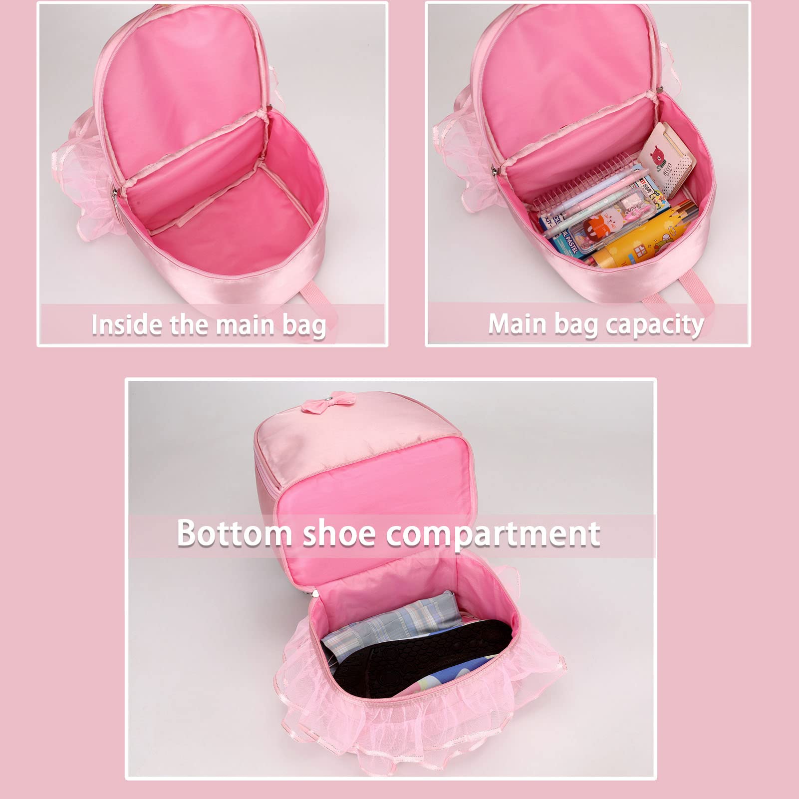 Yitengteng Pink Ballet Backpack for Girls - Lightweight Dance Bag with Separate Shoe Compartment, Ideal for Ballet, Gymnastics, Latin Dance, Yoga, and Toddler Activities