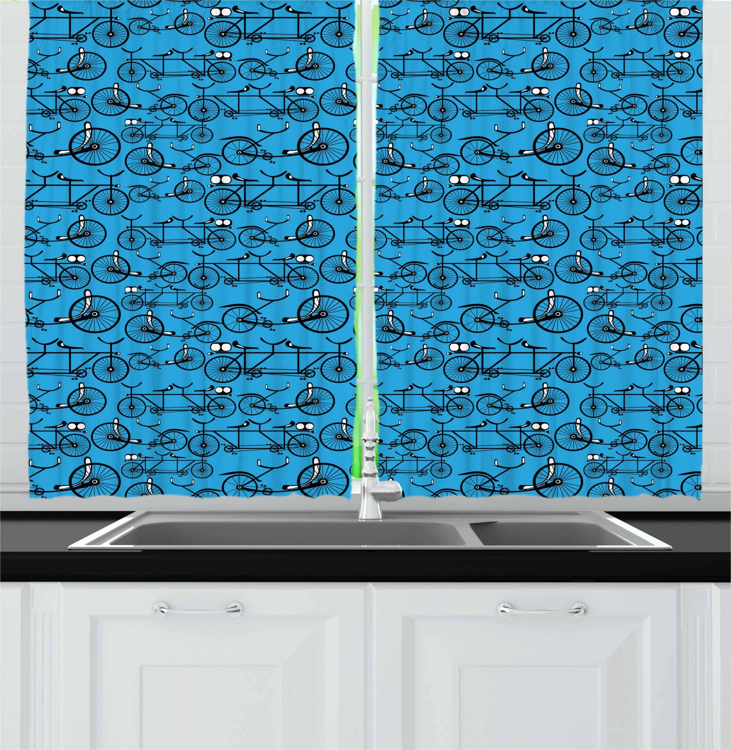Ambesonne Vintage Bicycle Kitchen Curtains - Antique Cartoon Style Bike Print on Blue Retro Background, 2 Panels with Rod Pocket, 55
