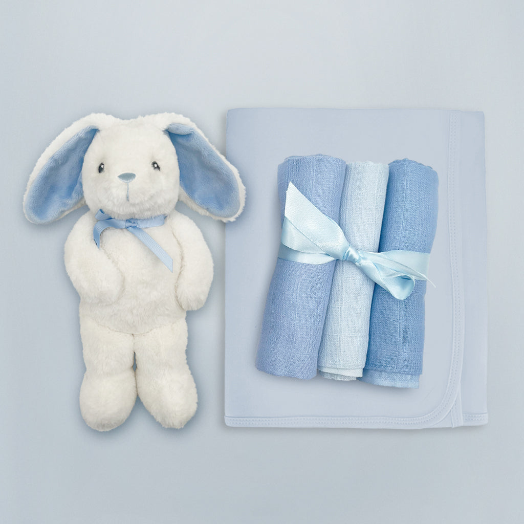 Premium Newborn Baby Gift Basket for Boys - Luxury Baby Shower, Christening & Welcome Home Gift Set - Blue & White Theme - Perfect for New Parents & Infants