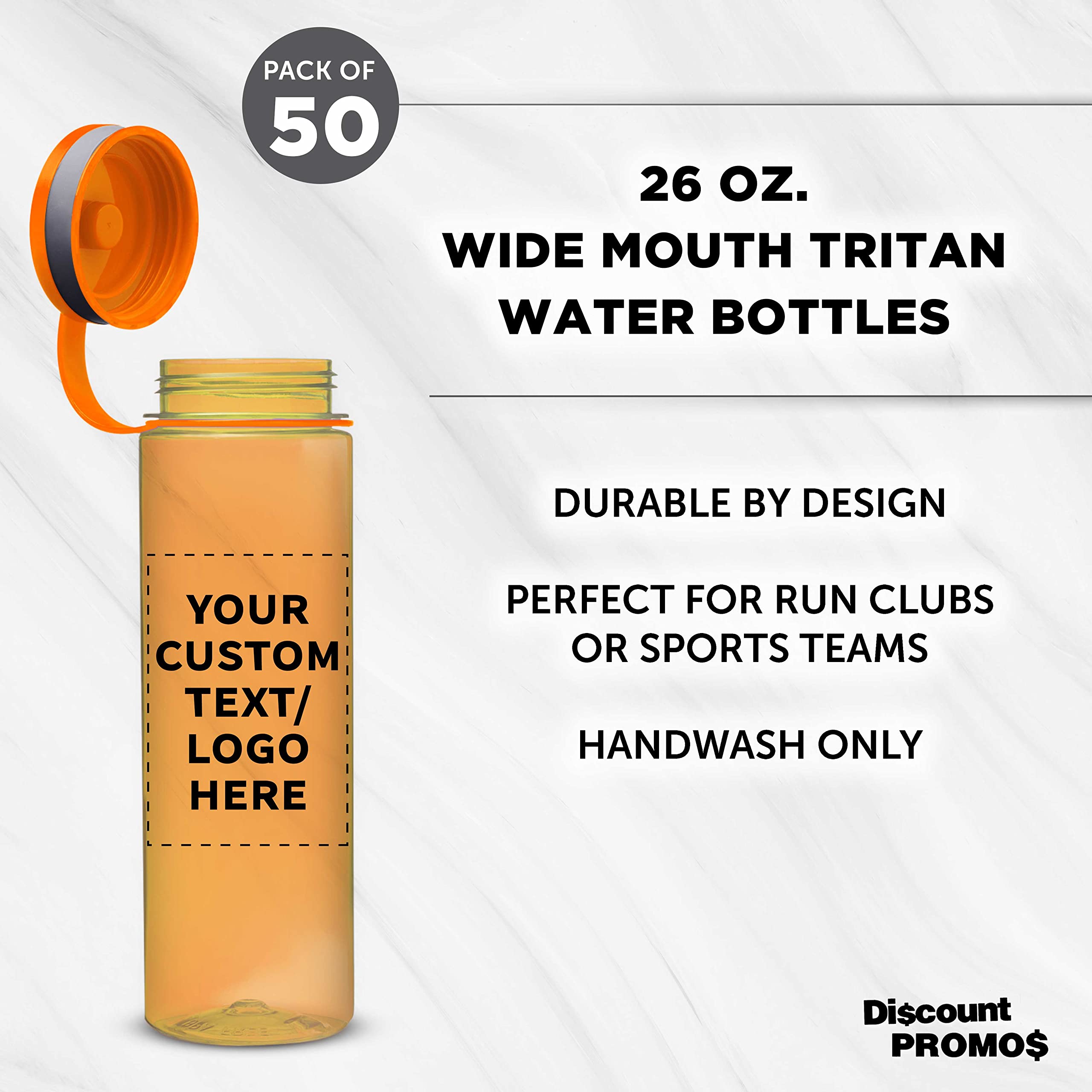 Custom 26 oz Wide Mouth Water Bottles - Bulk Pack of 50, BPA Free, Personalized with Logo - Perfect for Gym, Camping, Hiking, School & Team Events - Orange Sports Water Bottles for Hydration On The Go