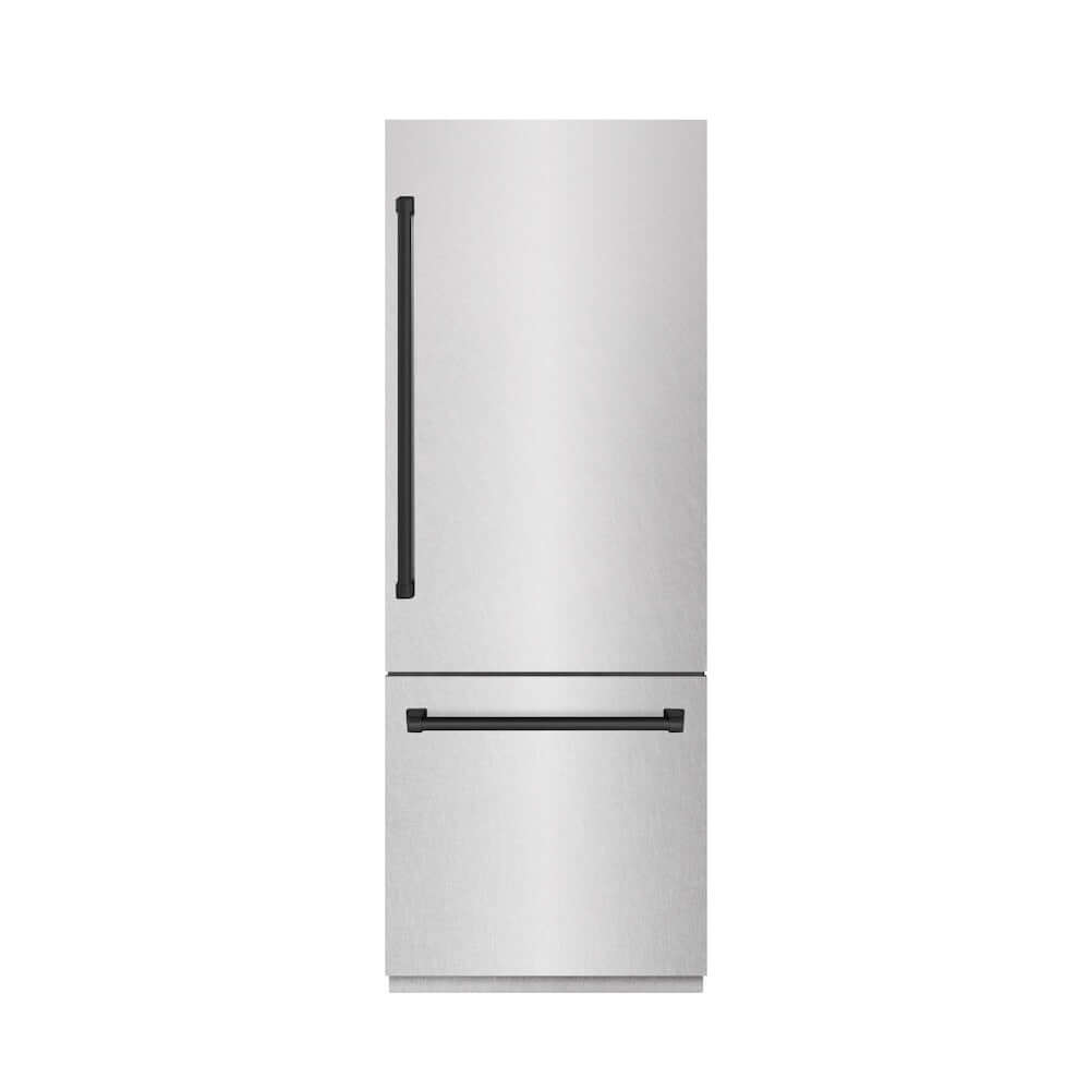 ZLINE Autograph Edition 30-Inch Built-In Bottom Freezer Refrigerator - 16.1 cu.ft Capacity with Water Dispenser & Ice Maker - Satin Stainless Steel Exterior, Graphite Gray Interior & Matte Black Accents (GRBIVZ SN 30 MB) - Perfect for Modern Kitchens & Open-Concept Homes