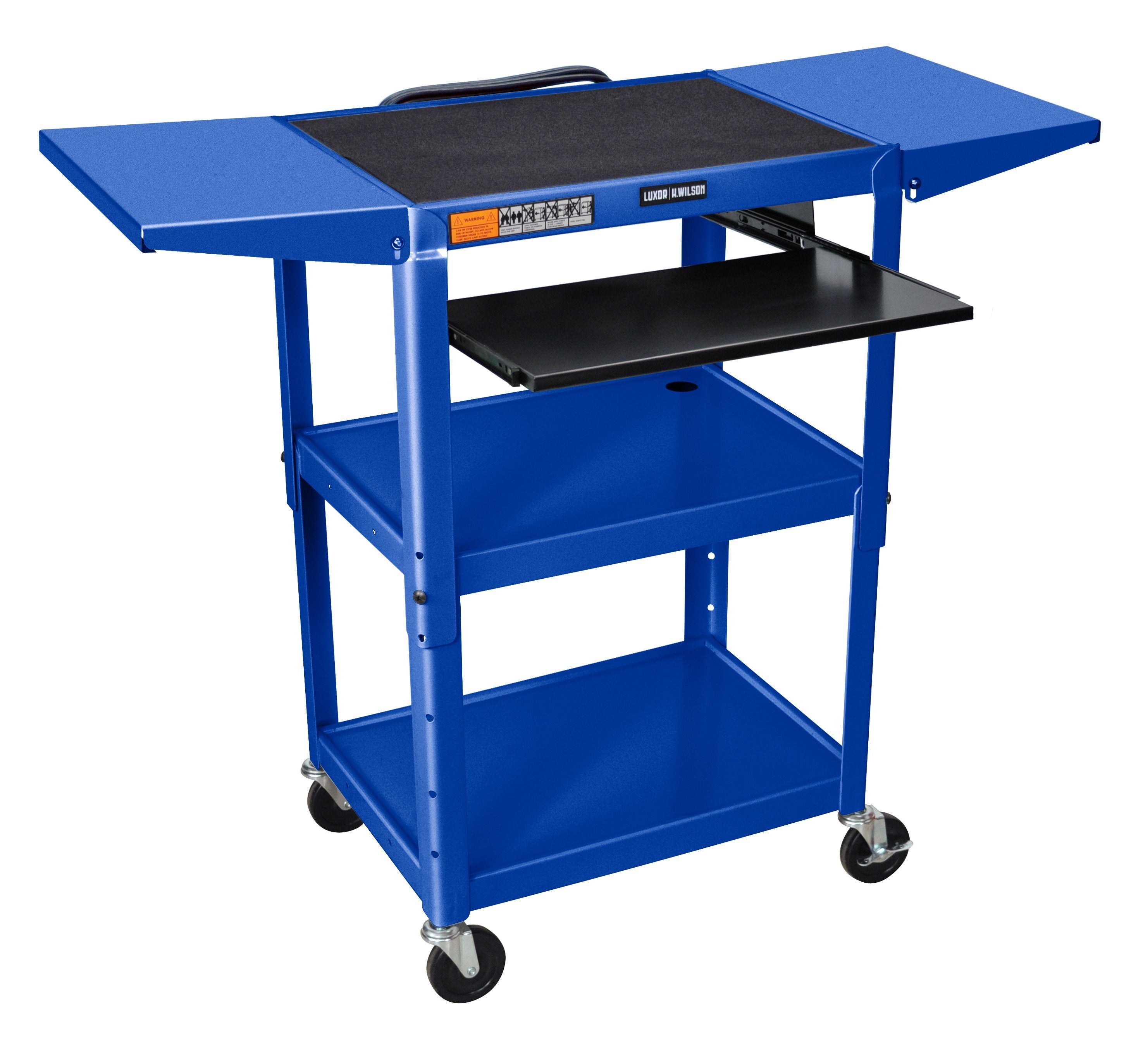 Luxor Adjustable Height Blue Metal A/V Cart with Pullout Keyboard Tray & 2 Drop Leaf Shelves - Perfect for Classroom, Office, or Home Media Organization