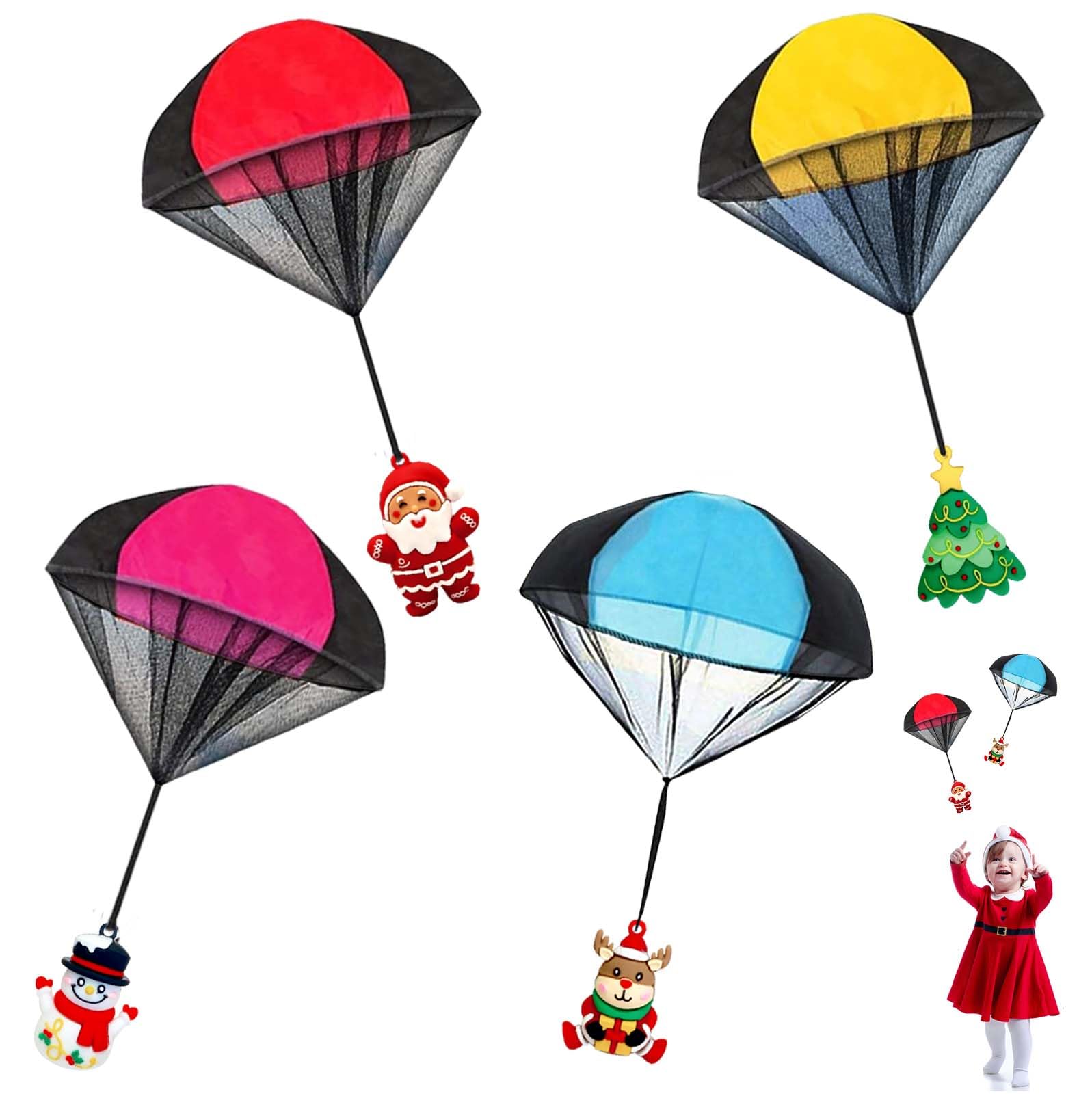 4PCS Christmas Parachute Toys Set - Santa, Reindeer, Snowman & Xmas Tree - Stocking Stuffers for Kids, Party Favors & Goody Bag Fillers - Perfect for Christmas Gifts, Holiday Parties & Outdoor Play