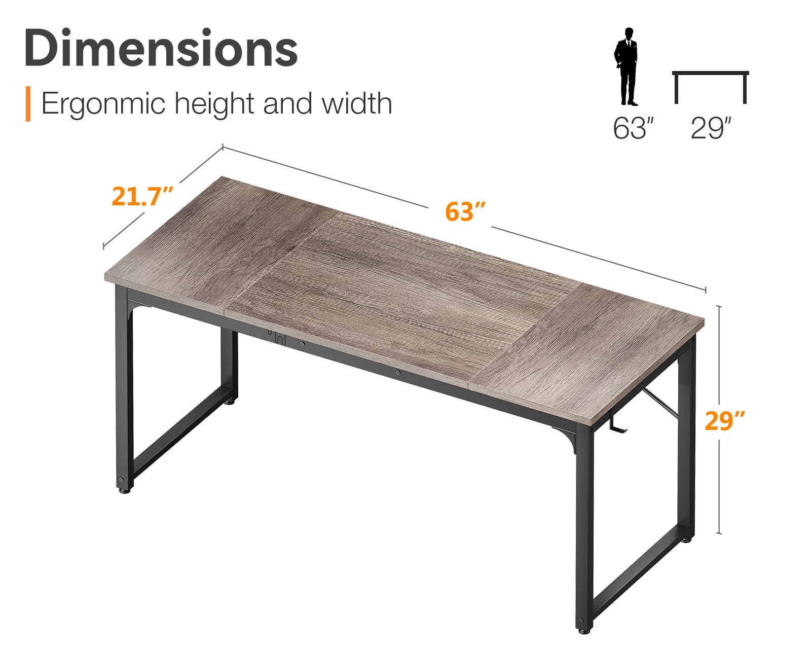 Coleshome 63 Inch Modern Computer Desk - Home Office Desk with Sturdy Metal Frame, Grey Oak Finish, Study & Writing Desk for Students & Professionals | Perfect for Small Spaces, Remote Work & Online Learning