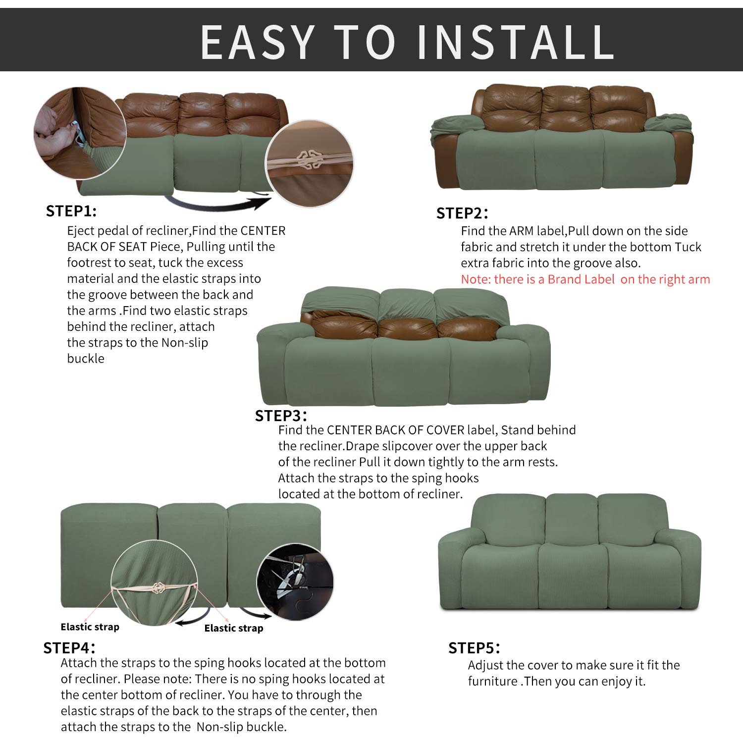 8-Piece Recliner Sofa Slipcover Set - Stretchable Furniture Protector with Elastic Bottom, Soft Spandex Jacquard Fabric in Small Checks Greyish Green - Perfect for Living Room, Family Room, and Pet-Friendly Homes