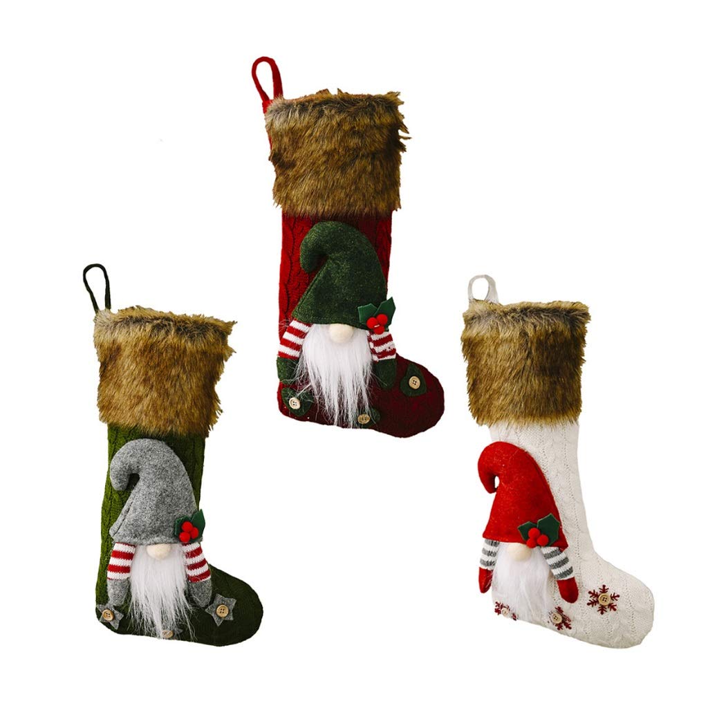 ZMDZA 3-Piece Set Large Knitted Christmas Stockings - Faceless Santa Doll Socks for Candy & Gifts - Holiday Tree Ornaments & New Year Home Decor (Perfect for Fireplace Mantel, Xmas Party Favors & Festive Decorations)