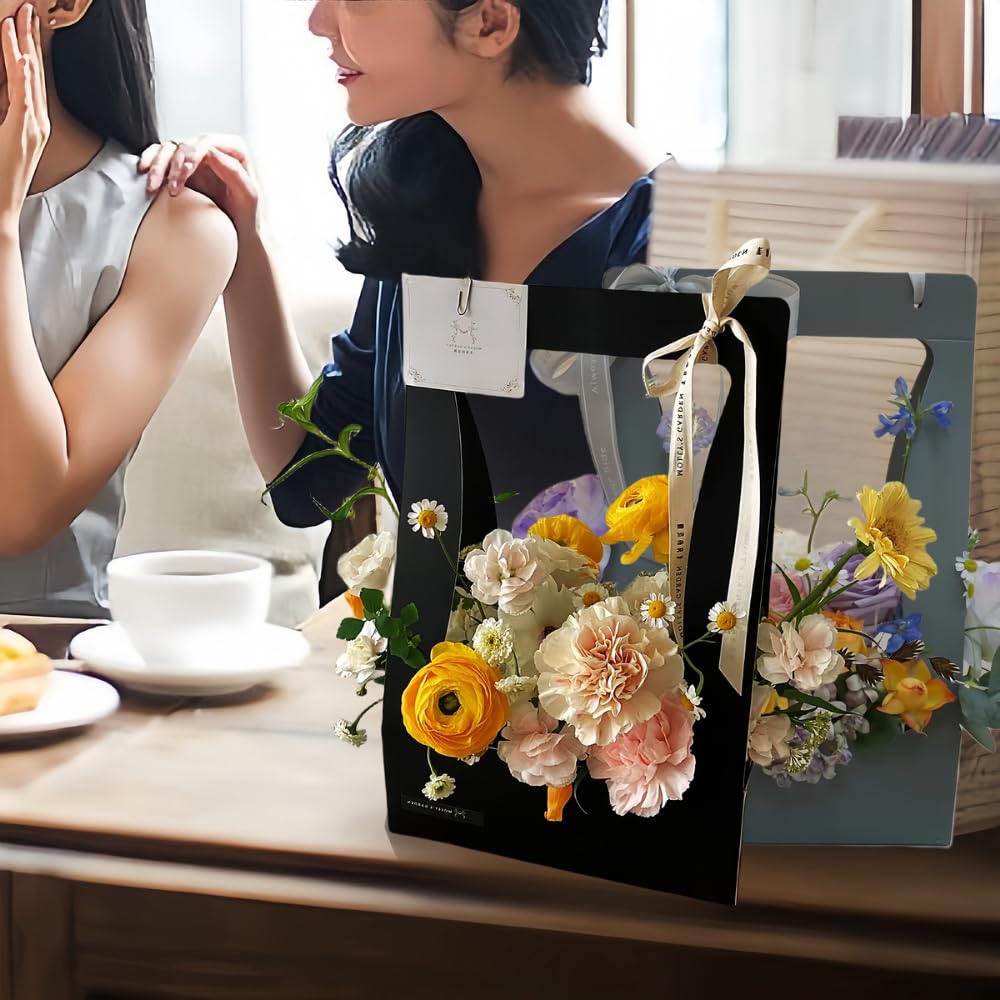 Florist Gift Bags with Handles - 5 Pcs Gray Craft Paper Bouquet Packaging for Weddings & Gifts