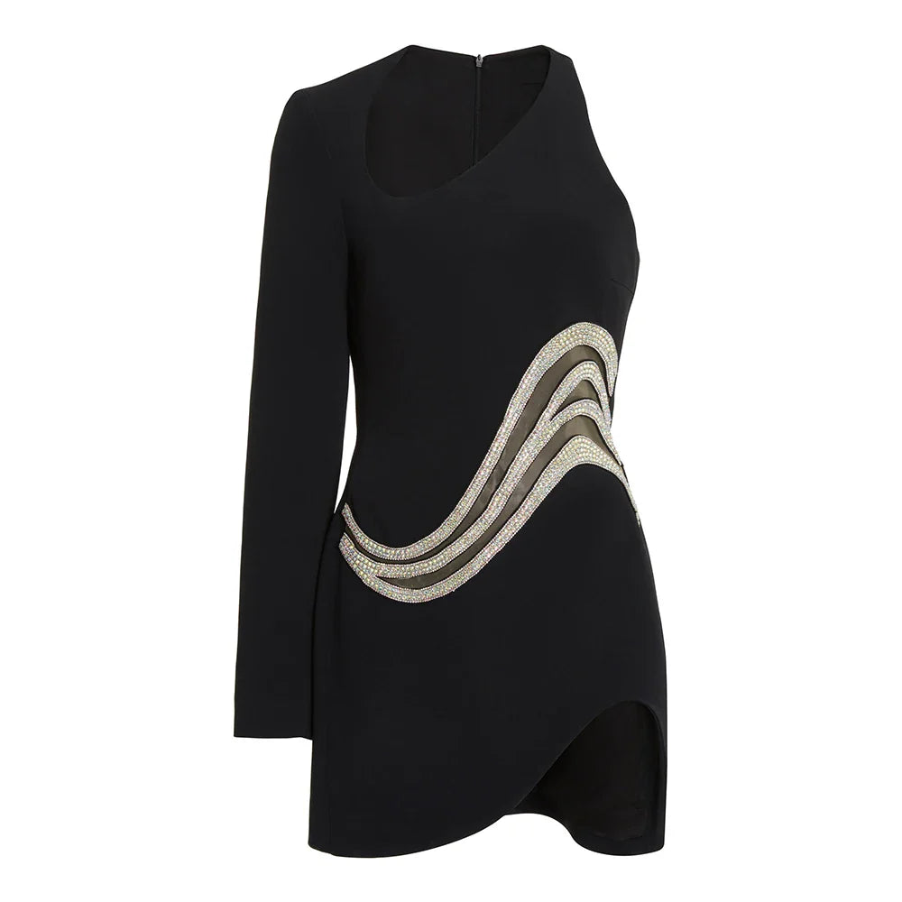 BEVENCCEL Women's One Shoulder Long Sleeve Mesh Patch Diamond Bandage Dress - Elegant Sexy Clubwear for Evening Parties, Night Out, Date Night & Special Occasions