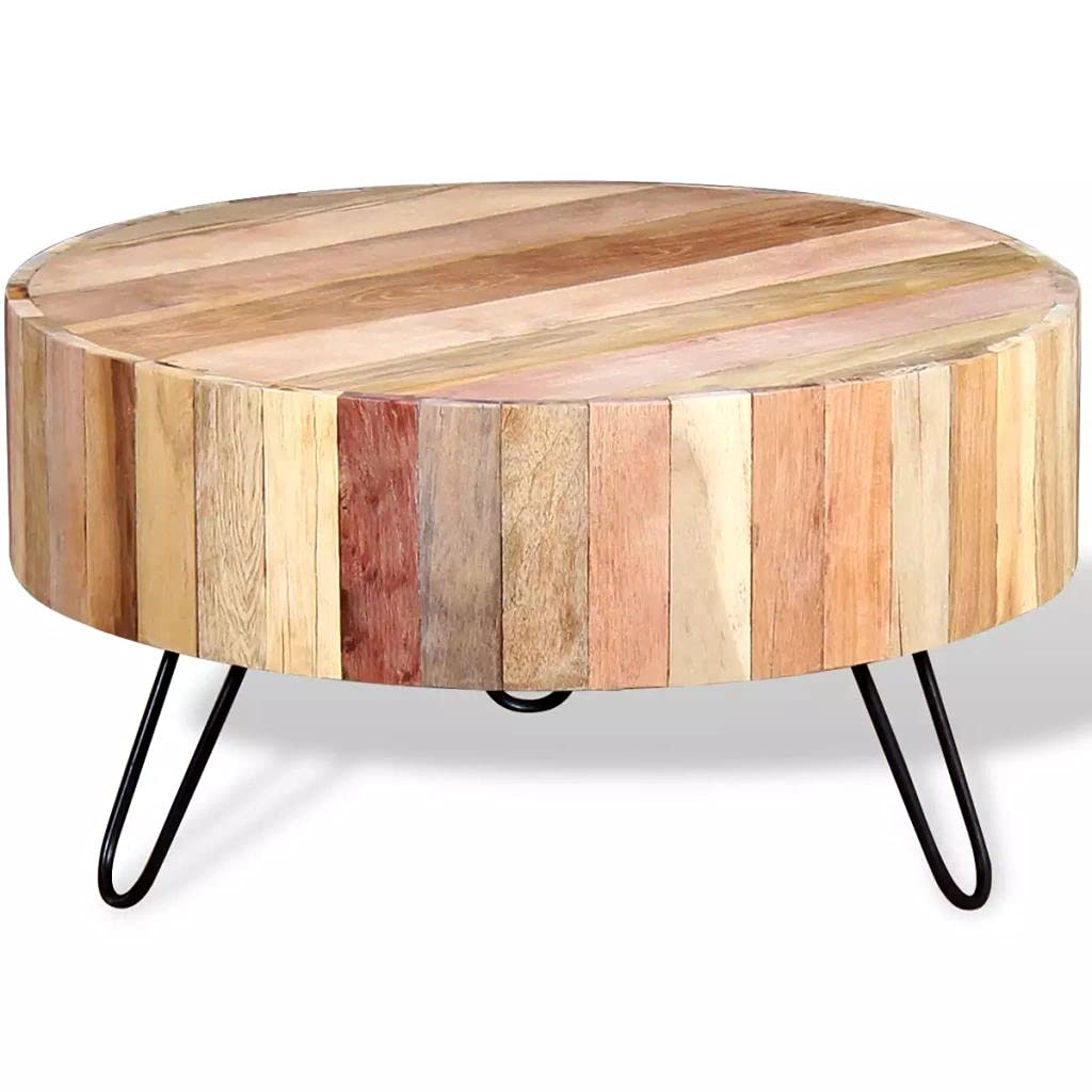 Vintage Round Coffee Table - Industrial Retro Cocktail Table with Solid Reclaimed Wood Top & Iron Legs (27.6