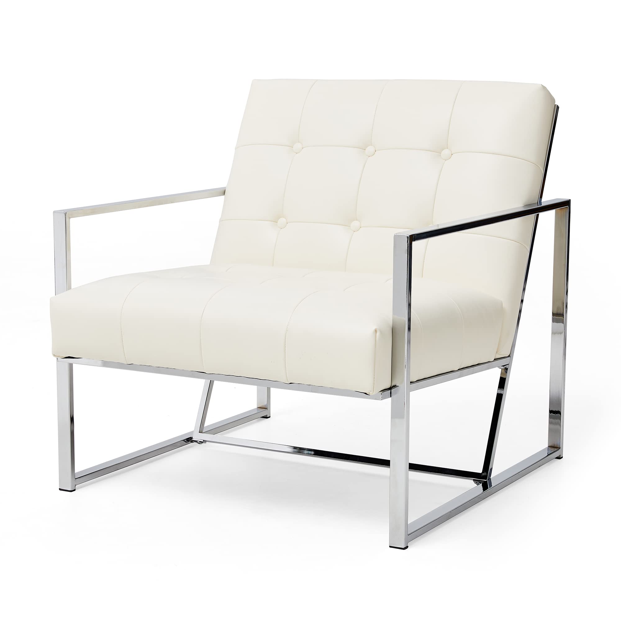Glitzhome Mid Century Modern Accent Chair - Durable Metal Frame & PU Leather Cushioned Armchair for Living Room, Bedroom, Home Office - Off White | Perfect for Reading Nooks, Lounge Areas & Contemporary Decor