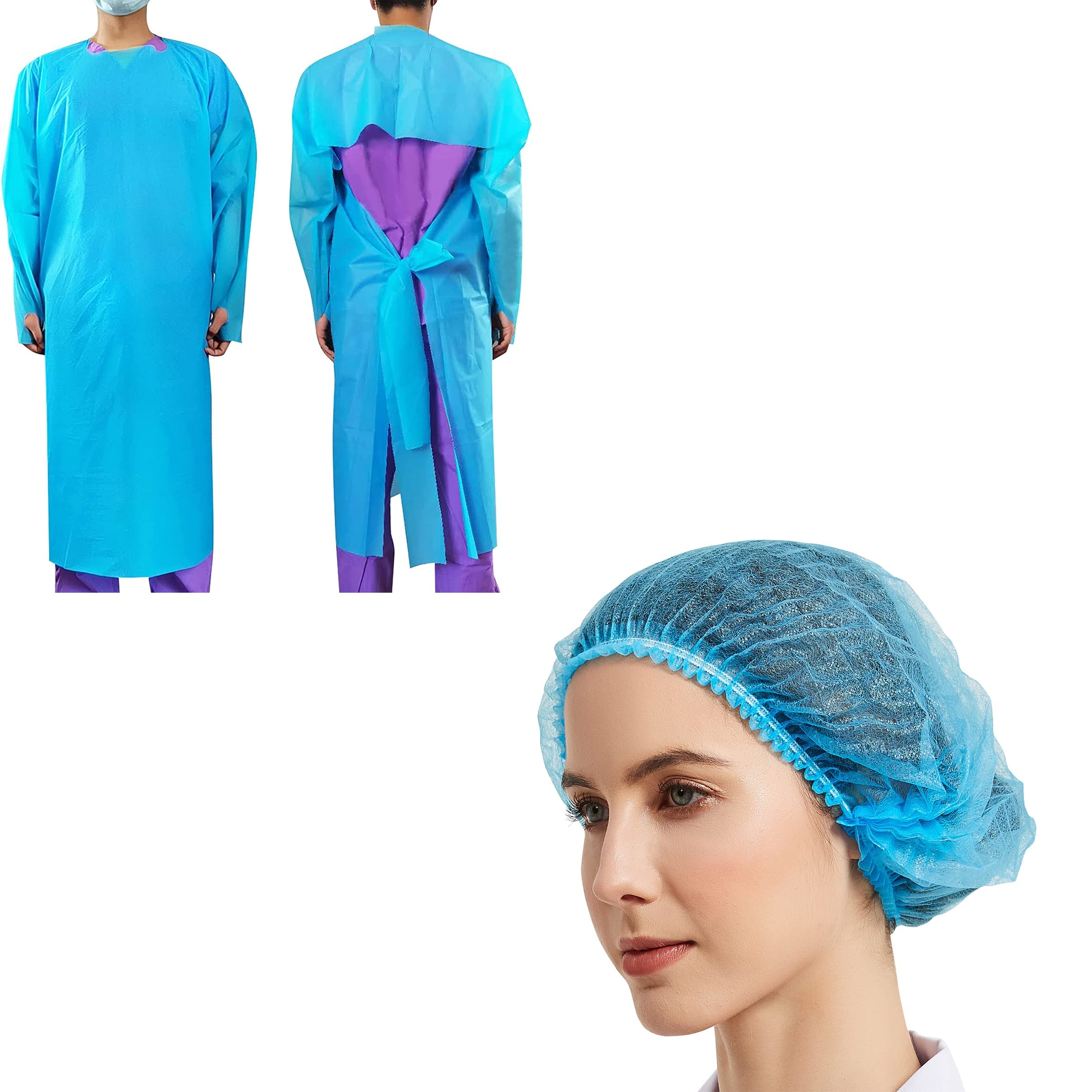 ProtectX Level 4 Disposable Isolation Gowns (100 Pack) & Bouffant Hair Caps (100 Pack) - Blue 21