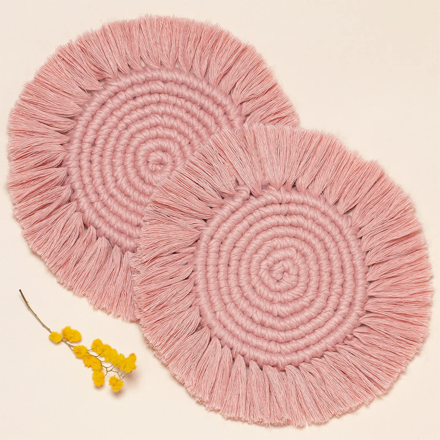 Lavivie Macrame Coasters Set of 2 - Handmade Boho Woven Absorbent Placemats for Coffee, Dining Table, Kitchen & Picnic - Dusty Pink Rattan Home Decor for Housewarming Gifts & Cozy Living Spaces