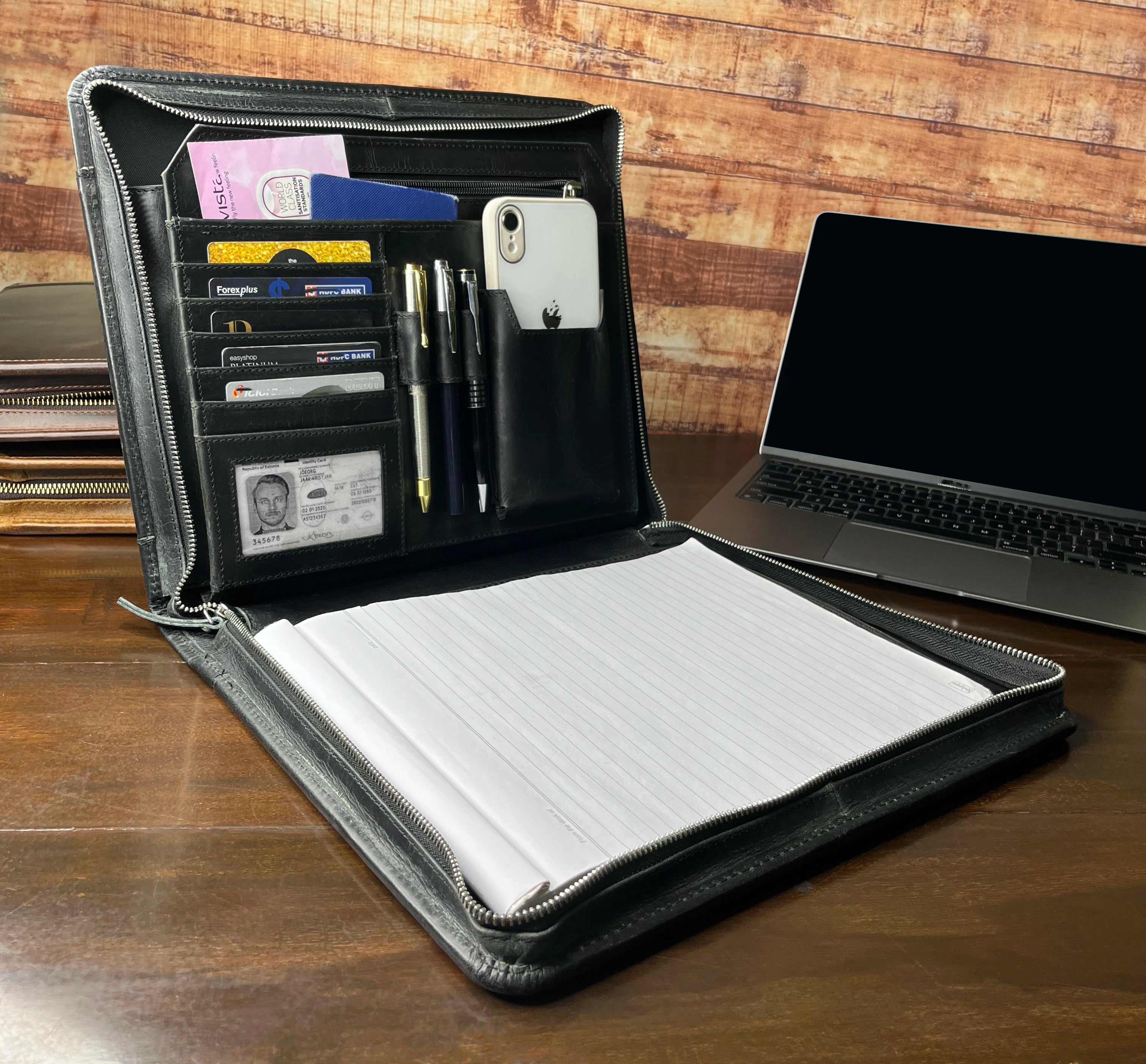 Premium Kingsman Business Leather Padfolio - Professional Black Portfolio for Meetings, Presentations & Office Use