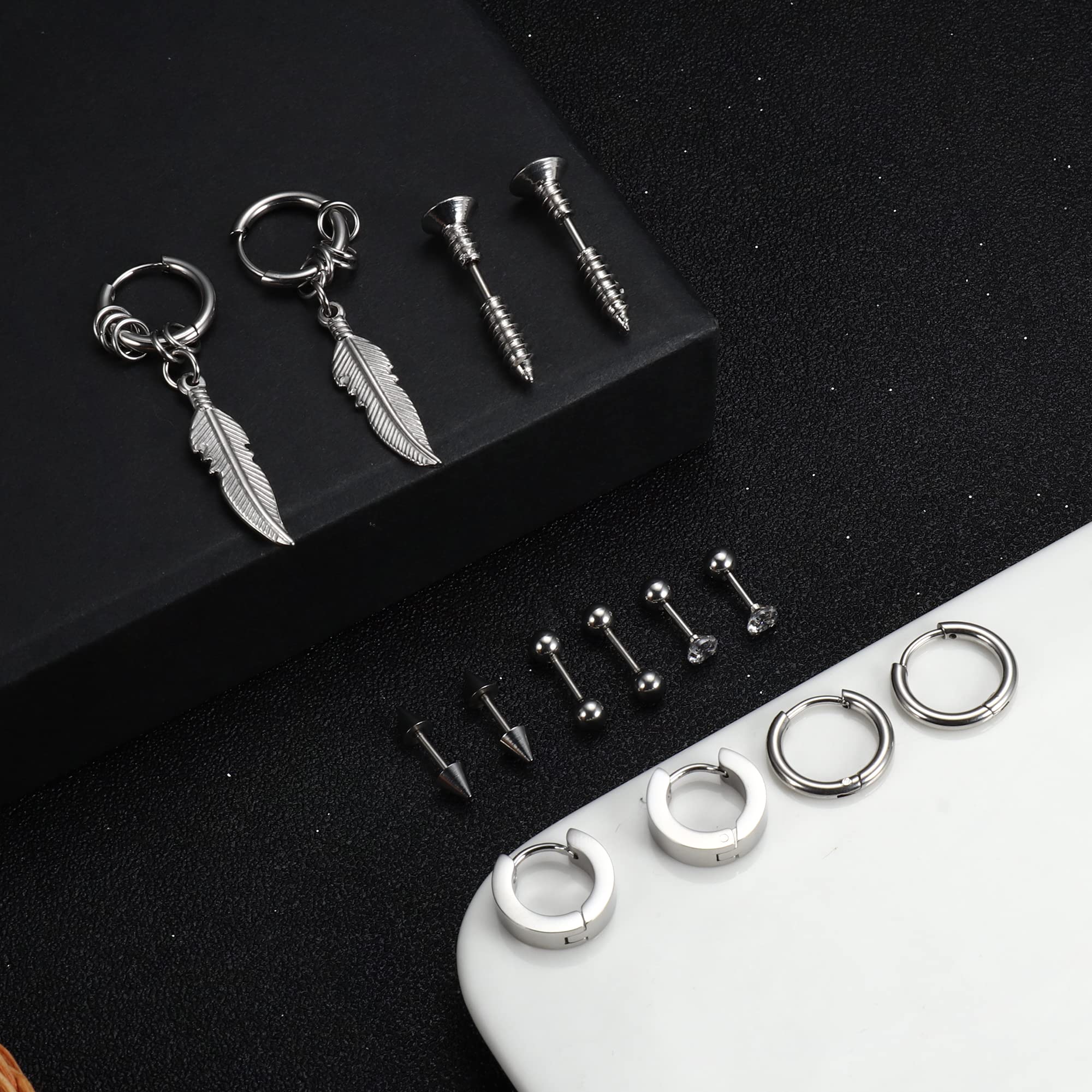 Kakonia 7 Pairs Stainless Steel Earrings for Men & Women - Cool Feather Hoop & CZ Stud Earrings Set in Gold, Silver & Black | Perfect for Parties, Gifts & Everyday Wear