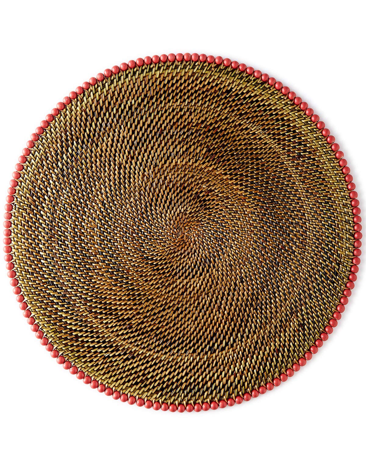 Set of 4 Woven Round Bead-Rimmed Placemats - Salmon Color, Eco-Friendly Table Mats for Dining, Kitchen Decor, Party & Holiday Table Setting - Imported