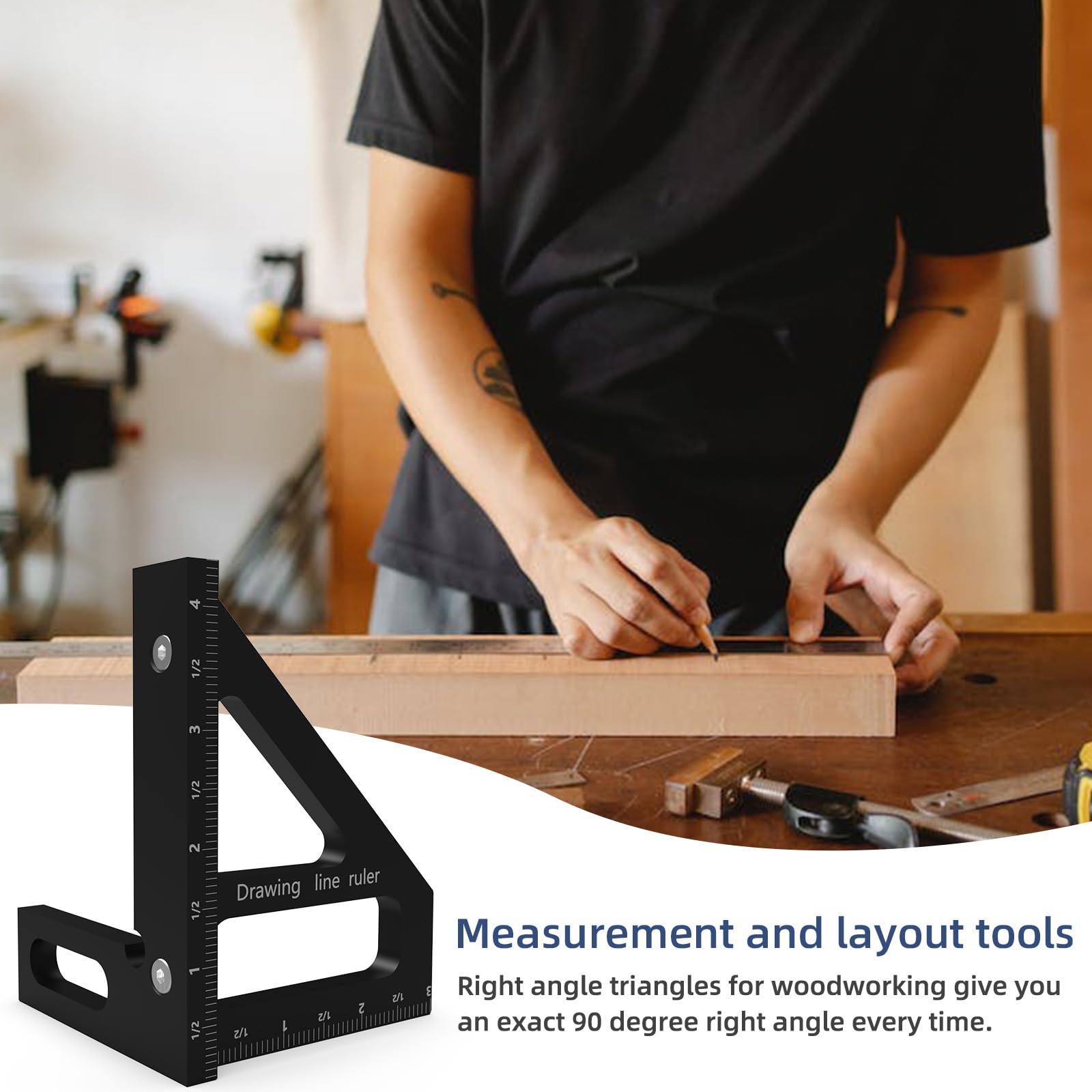 HFM 3D Multi-Angle Woodworking Square Ruler - 45/90 Degree Aluminum Alloy Protractor - High Precision Measuring Tool for Engineers & Carpenters (Black) - Perfect for Woodworking, DIY Projects & Construction Layouts