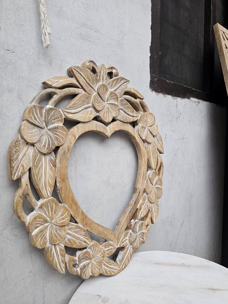 Hand Carved Solid Wood Mirror Frame - Natural Wooden Wall Mirror for Bathroom, Bedroom & Living Room Decor