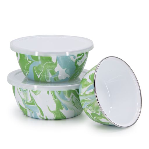 Modern Monet Swirl Enamelware Nesting Bowl Set of 3 - Vintage Style Mixing & Serving Bowls for Kitchen, Dining & Picnic - Durable & Stylish for Salads, Fruits & Desserts