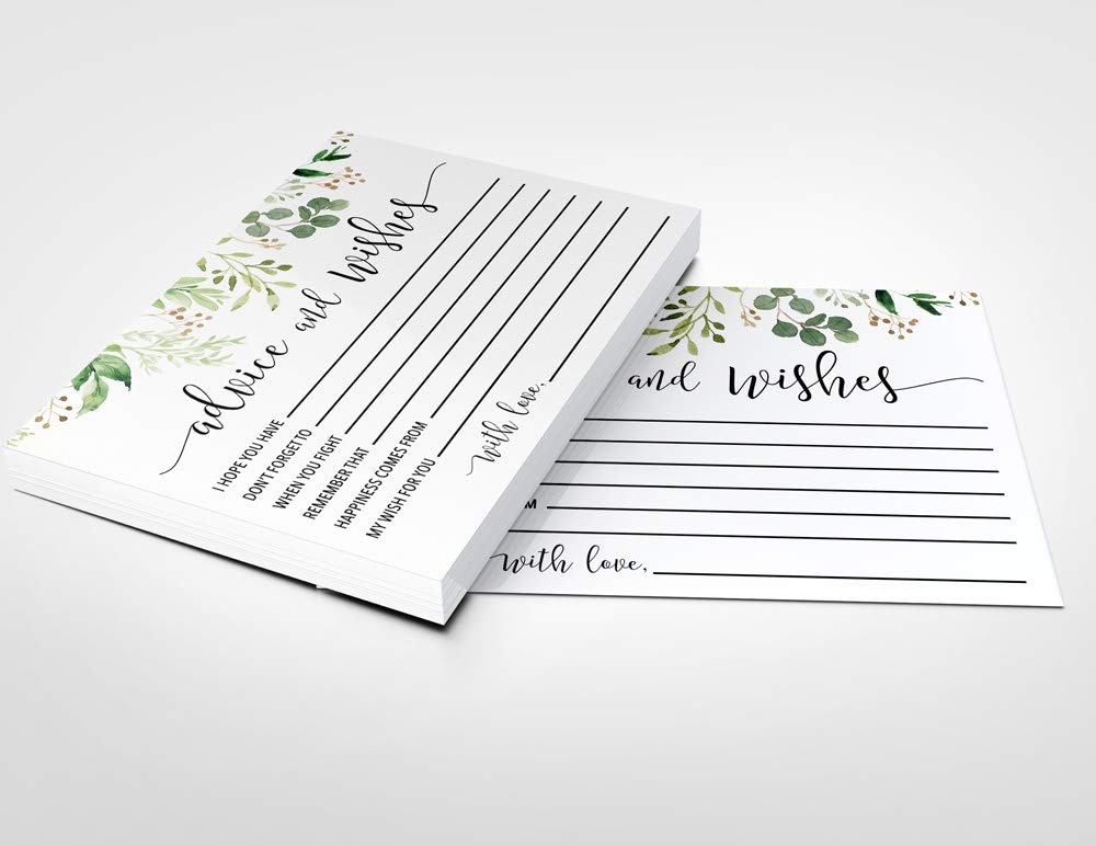 Printed Wedding Advice Cards for Mr & Mrs - Bridal Shower Guest Book Wishes, Games & Favors - 50 Eucalyptus Greenery Decor Cards for Wedding Reception & Bridal Party