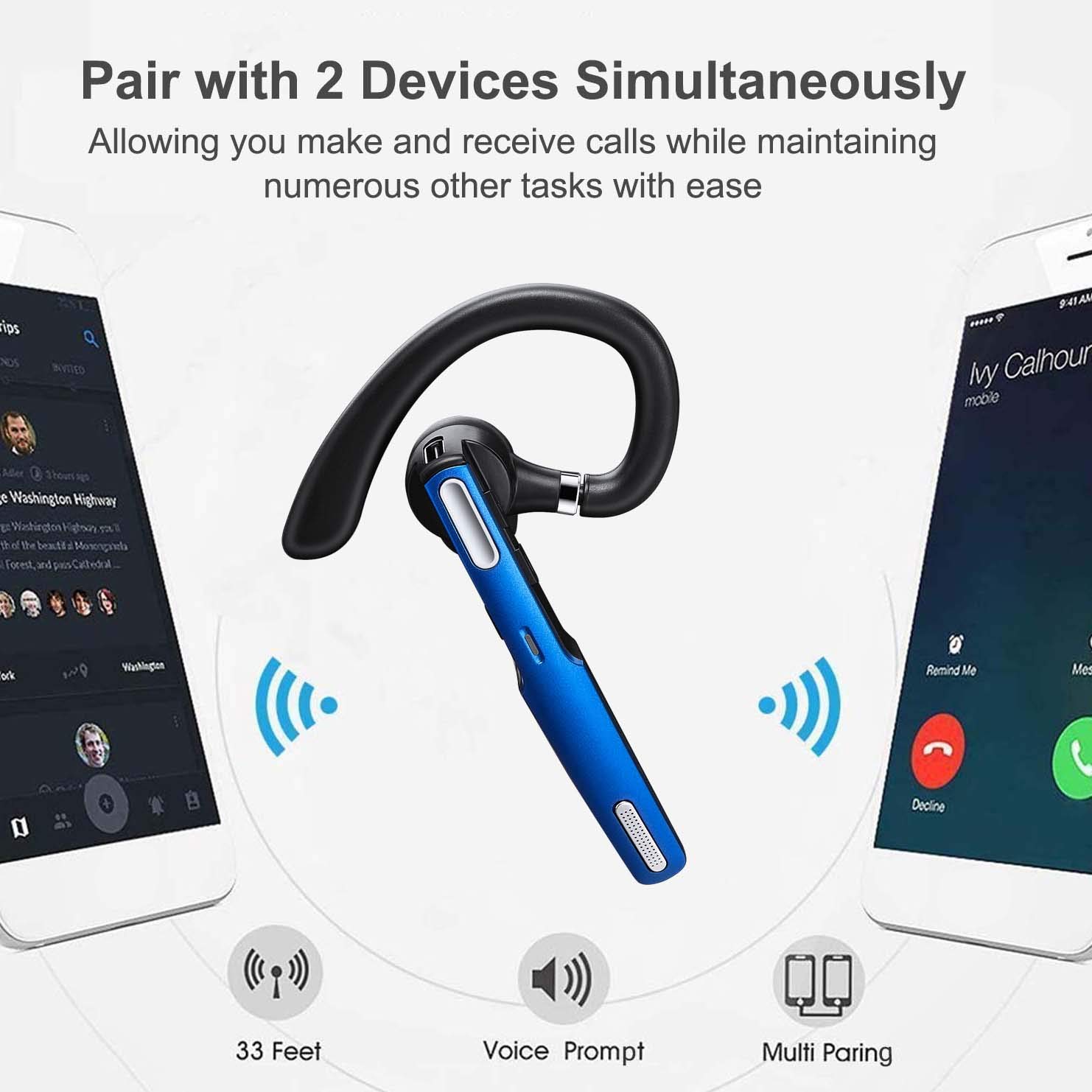 COMEXION Bluetooth Headset Wireless Earpiece V5.0 with Noise Canceling Mic - Hands-Free Stereo Earphones for iPhone & Android - Perfect for Driving, Business Meetings & Office Work
