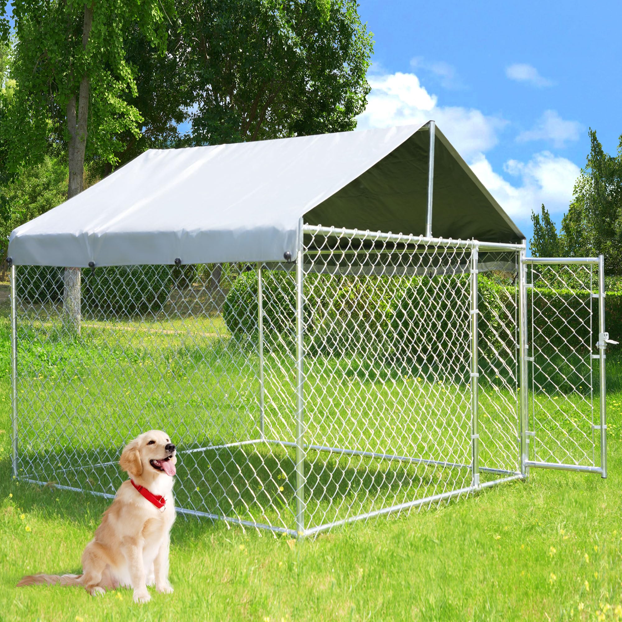 Heavy Duty Large Outdoor Dog Kennel with Cover & Secure Lock - 6.8'L x 6.8'W x 5.6'H Chain Link Dog Crate with Waterproof UV-Resistant Roof - Perfect for Backyard, Farm, or Pet Containment (Great for German Shepherds, Labs & Large Breeds)