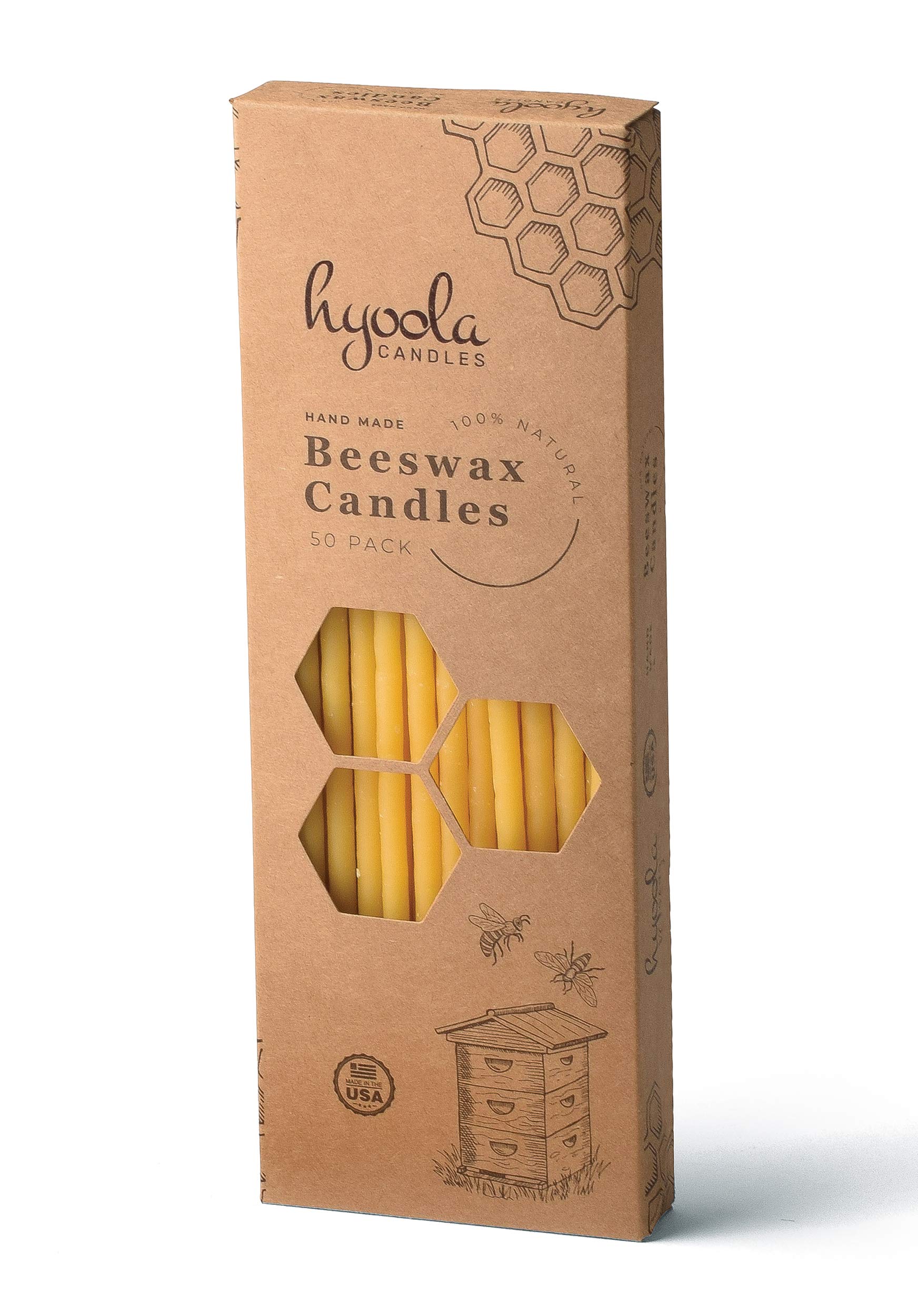 Hyoola Beeswax Skinny Taper Candles - 50 Pack Natural Dripless Decorative Candles | Long-Lasting Burn, Elegant Taper Design with Soothing Honey Scent | 9 Inch Handmade in USA | Perfect for Dinner Parties, Weddings & Home Decor