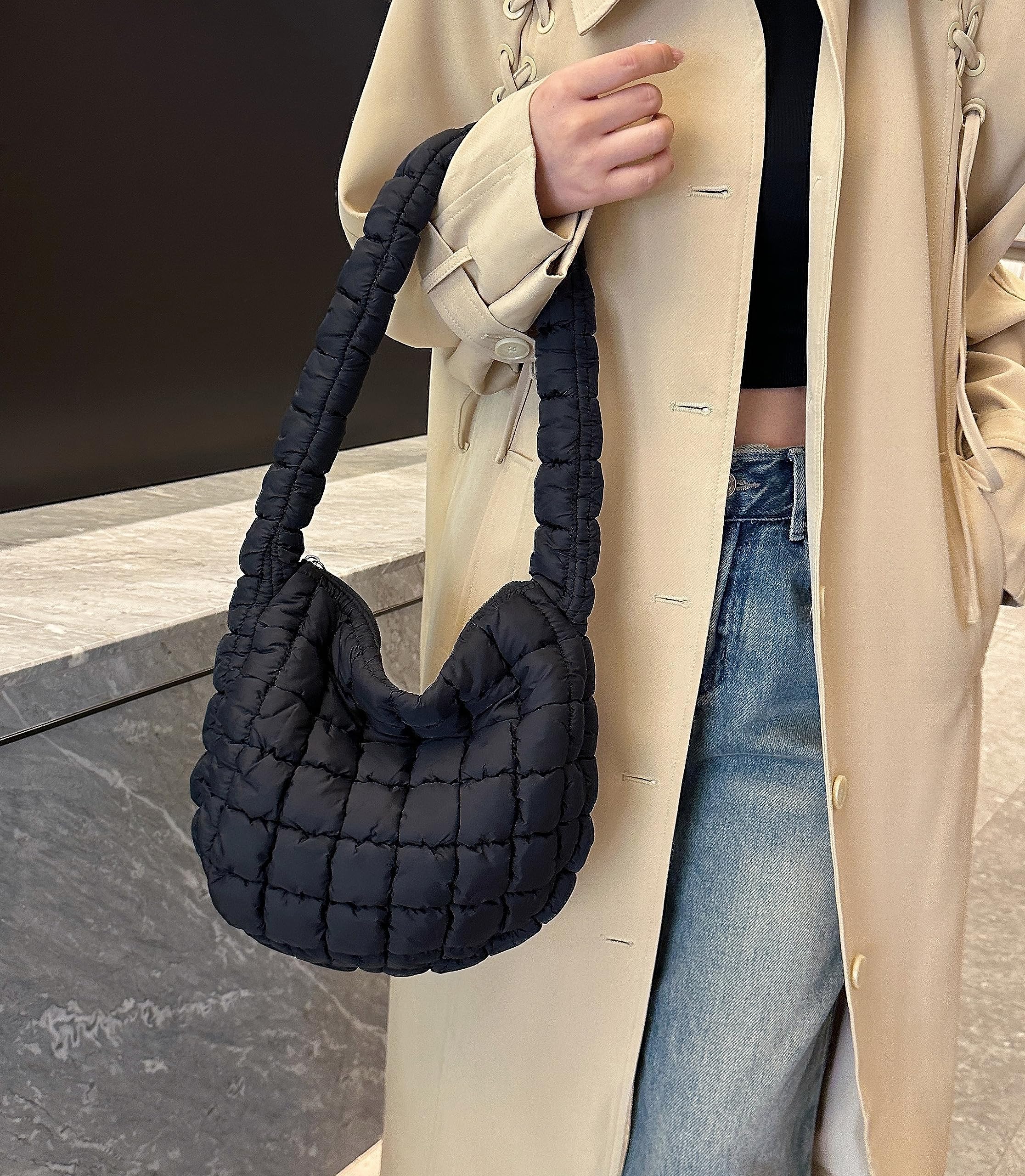 Quilted Puffer Tote Bag for Women - Lightweight Shoulder Bag with Zip, Hobo Satchel Handbag, Stylish Cloud Bag for Work, Travel & Shopping (2024)