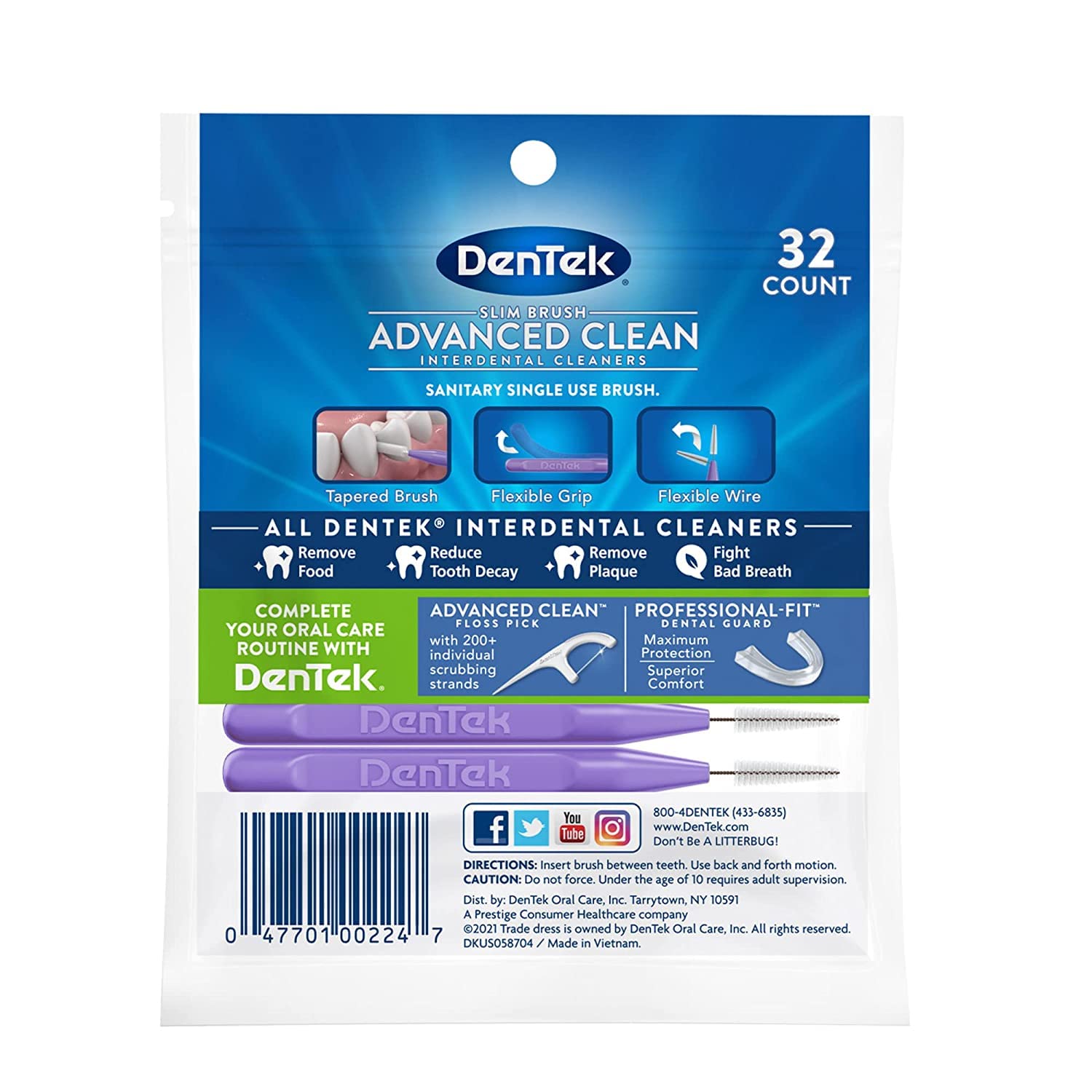Dentek Slim Brush Advanced Clean Tight Teeth Interdental Brushes - 32 Count (Pack of 2) for Daily Oral Care & Dental Hygiene - Perfect for Braces, Bridges, and Tight Teeth Gaps