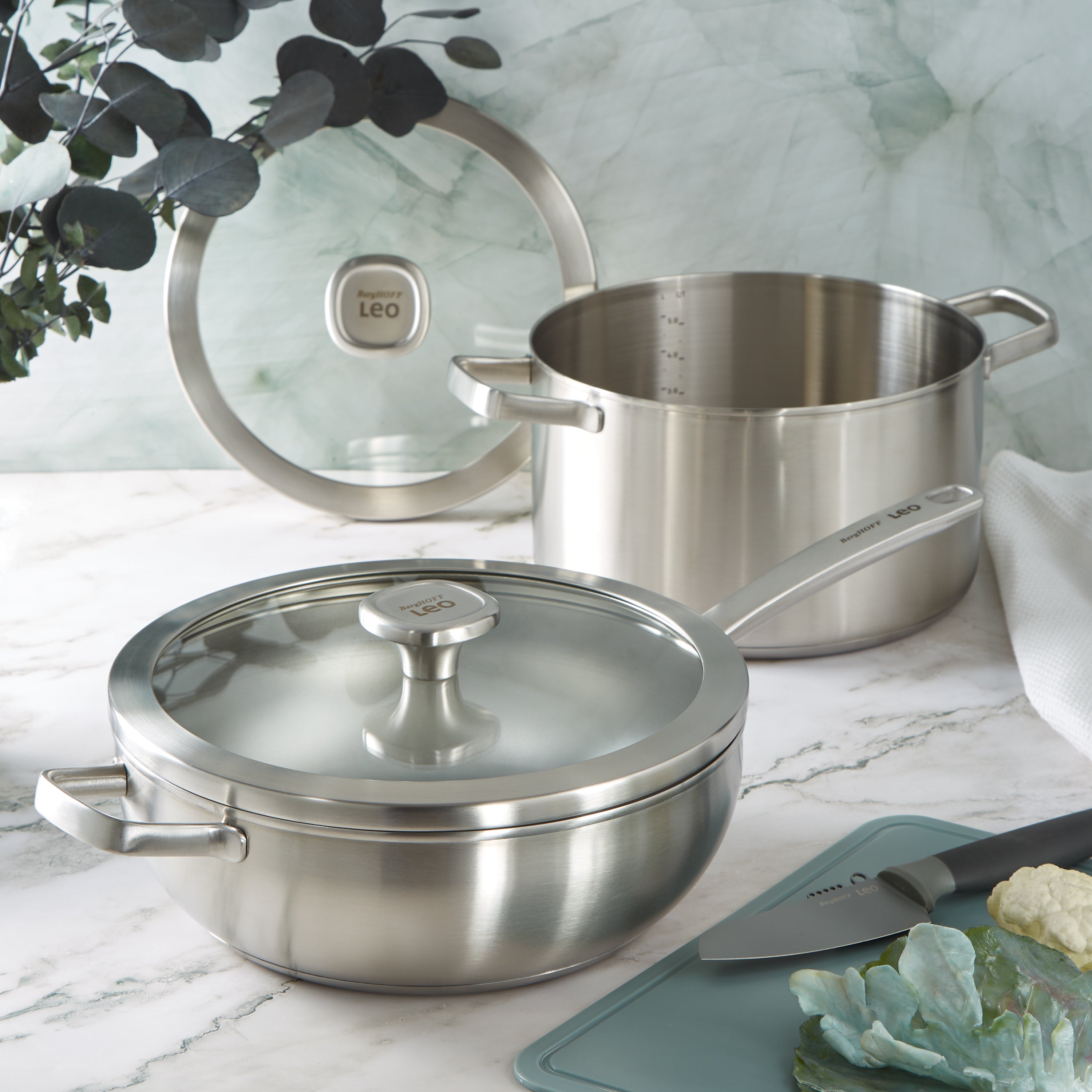BergHOFF Leo Graphite 4-Piece Cookware Set with Glass Lids | Recycled 18/10 Stainless Steel Pots & Pans | Non-Stick Induction Compatible for Everyday Cooking & Entertaining