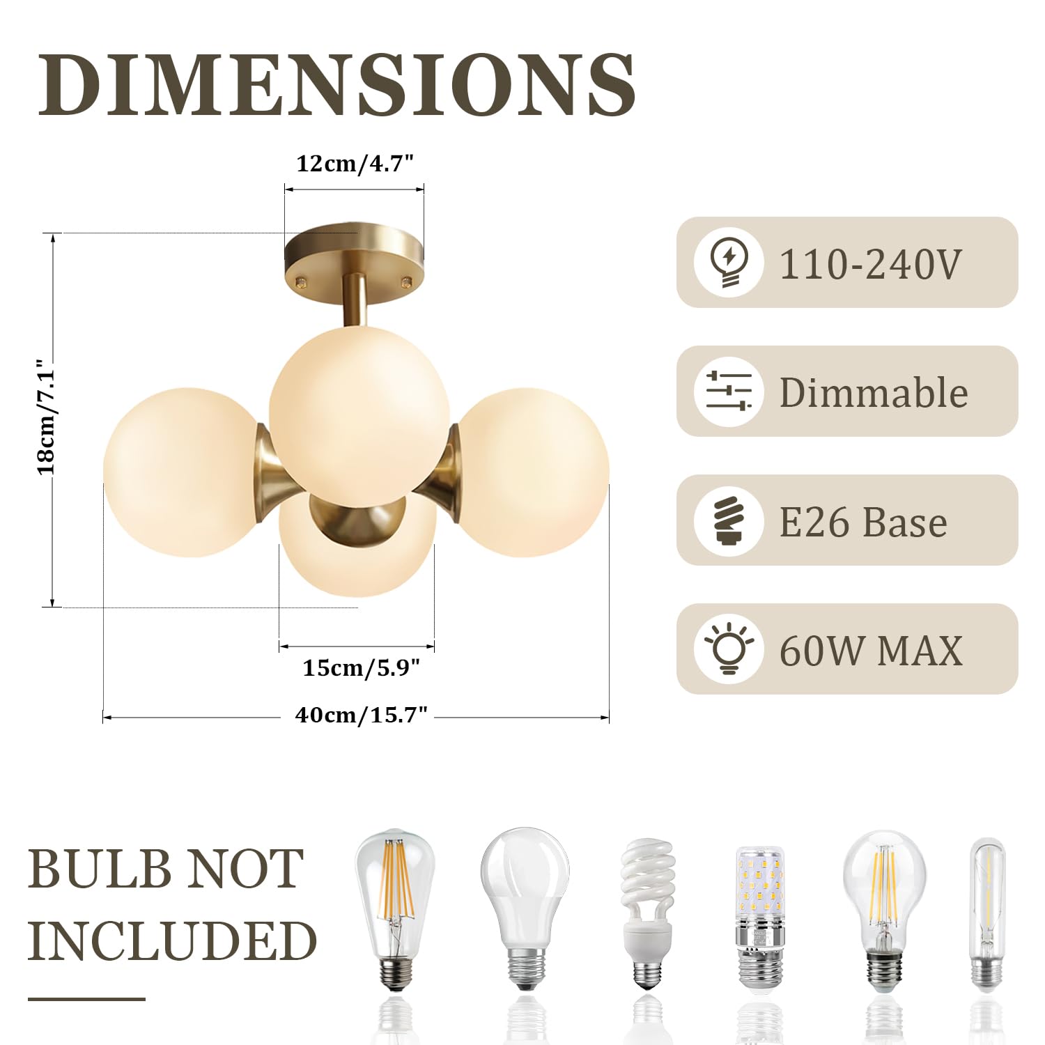 Modo Lighting Antique Brass 4-Light Ceiling Fixture - Mid-Century Modern Flush Mount Chandelier with Frosted Glass Globes - Perfect for Bedroom, Living Room, Dining Room & Entryway Lighting