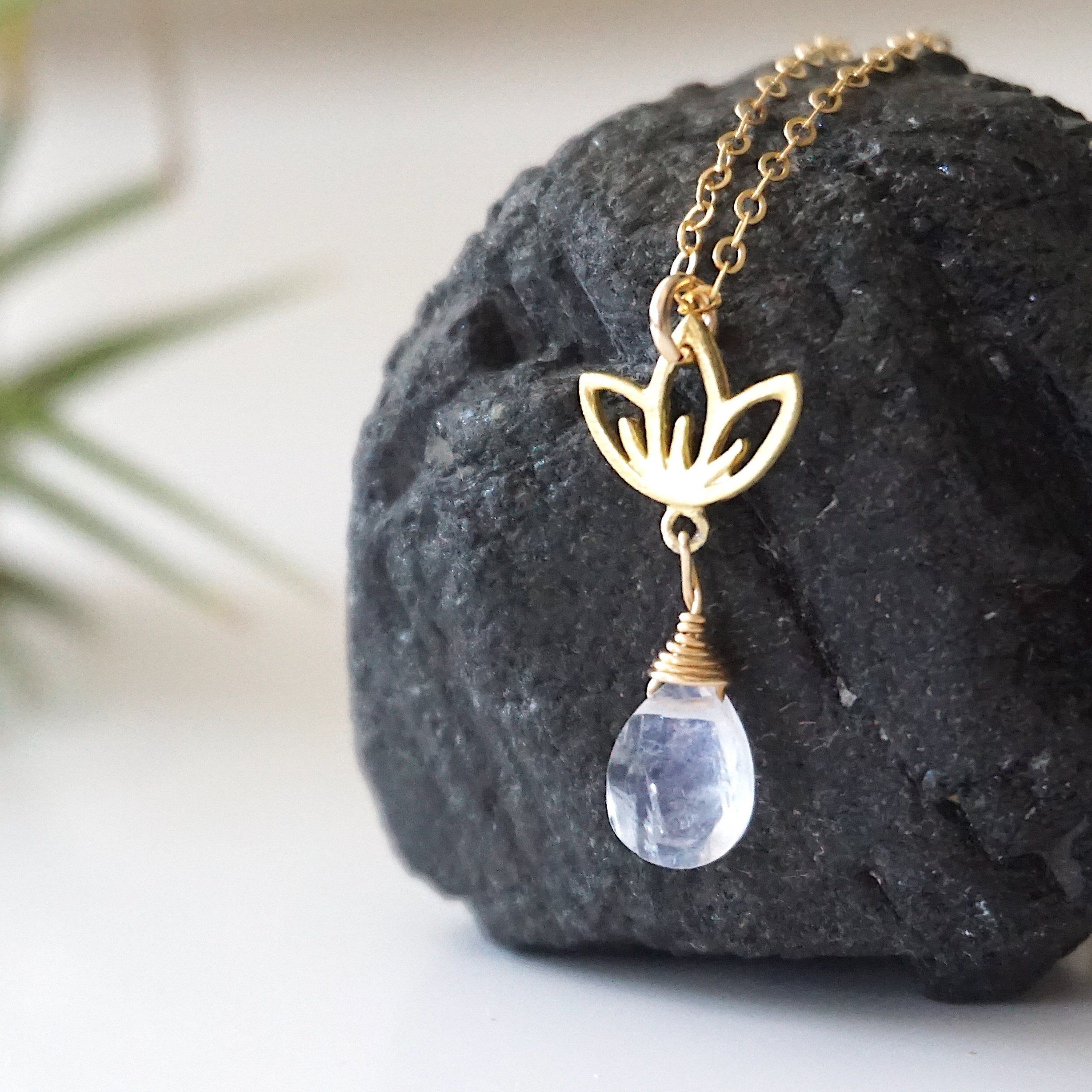 Rainbow Moonstone Necklace with Drop Lotus Charm - 14K Gold Filled Jewelry for Women, Elegant Boho Pendant Necklace for Everyday Wear & Special Occasions