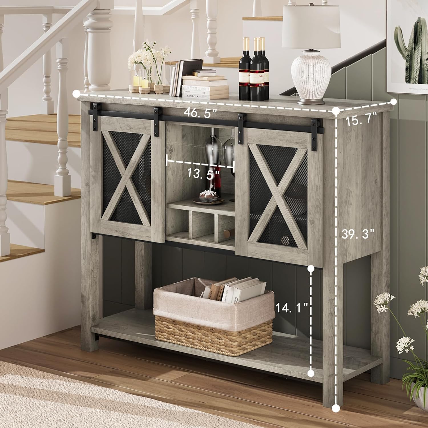 IDEALHOUSE Farmhouse Coffee Bar Cabinet with Sliding Barn Doors - Entryway Console Table with Storage, Wine Liquor Cabinet with Racks - Perfect for Kitchen, Hallway & Living Room - Gray Home Bar Furniture for Entertaining & Storage
