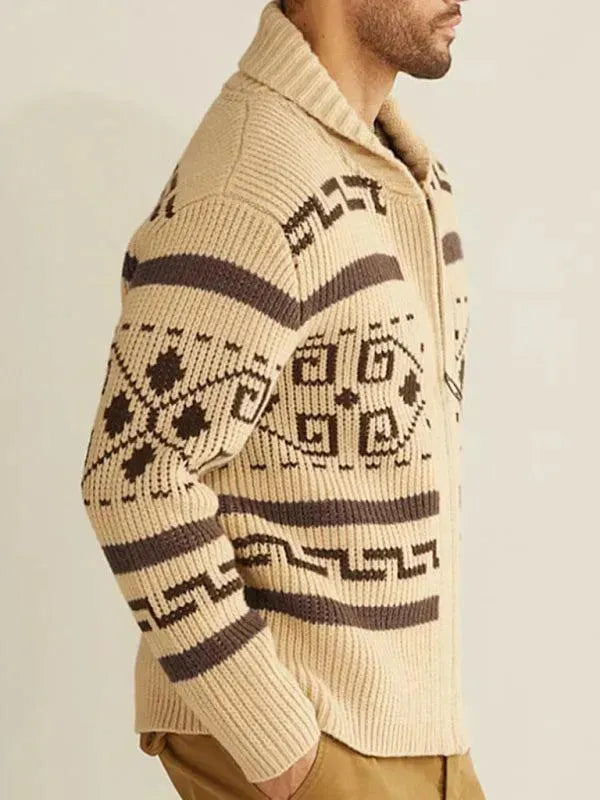 Men's Jacquard Lapel Cardigan Sweater - Stylish Knit Pullover for Casual Wear & Office Outfits