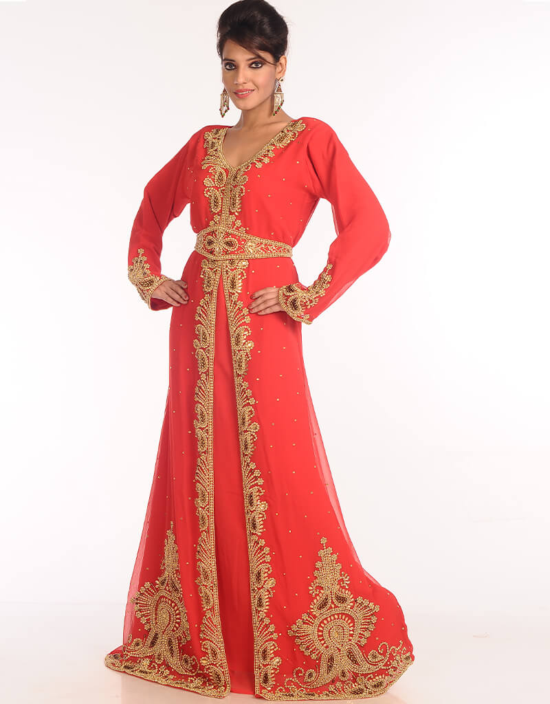 Elegant Arabic Red Georgette Kaftan with Hand Embroidery for Women - Perfect for Parties, Weddings & Special Occasions