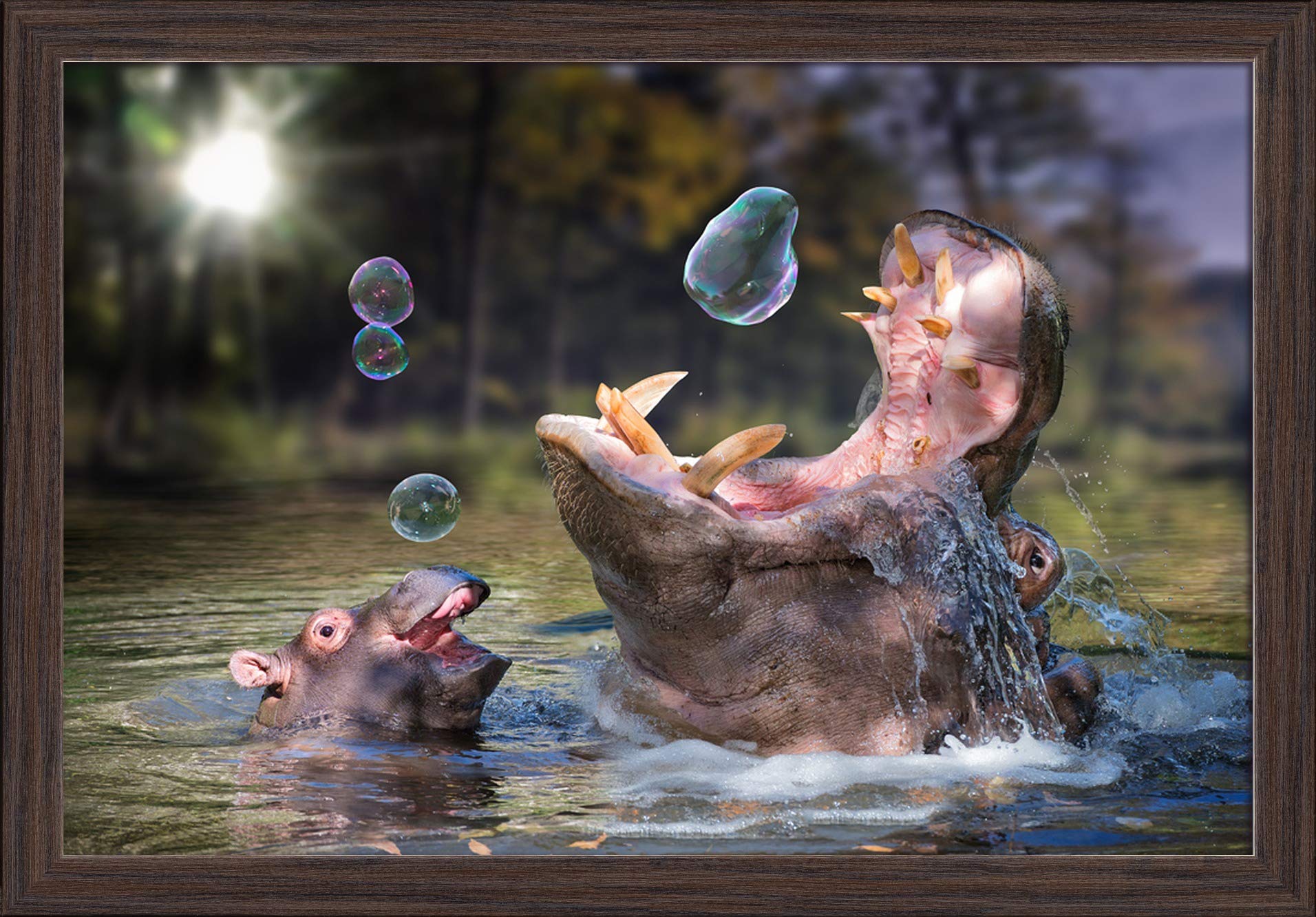 Hippos and Bubbles - 16x24 Inch Giclee Fine Art Print with Recycled Wood Frame in Espresso Brown - Perfect for Nursery, Kids Room Decor or Modern Home Wall Art