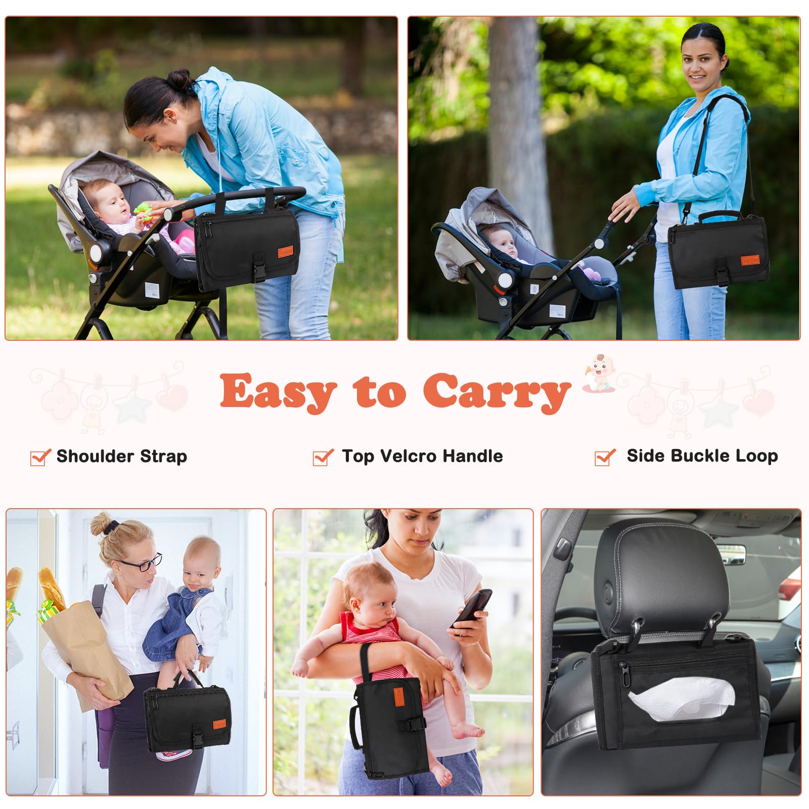 Portable Waterproof Baby Diaper Changing Pad with Smart Wipes Pocket - Travel Changing Mat for Newborns & Infants (Black) | Ideal for On-the-Go Parents, Baby Showers, Daycare & Travel Essentials