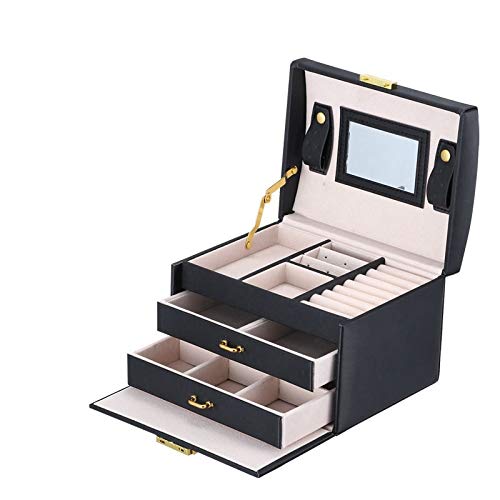 Layer Lock Double Solid Jewelry Box with Mirror - 3 Drawer Fashion Organizer for Closet & Home (Black, One Size) | Perfect for Necklaces, Rings & Accessories Storage