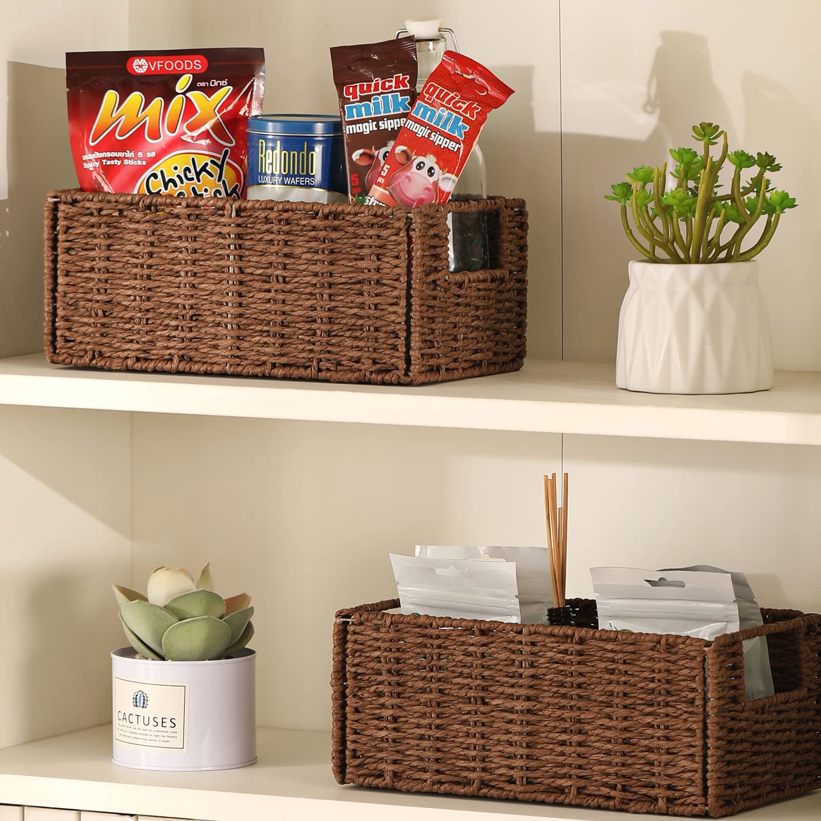 Vagusicc Set of 2 Hand-Woven Wicker Storage Baskets - Foldable Paper Rope Organizer Bins for Shelves, Toilet Paper Storage & Home Organization (Brown) - Perfect for Bathroom, Bedroom & Closet Storage Solutions