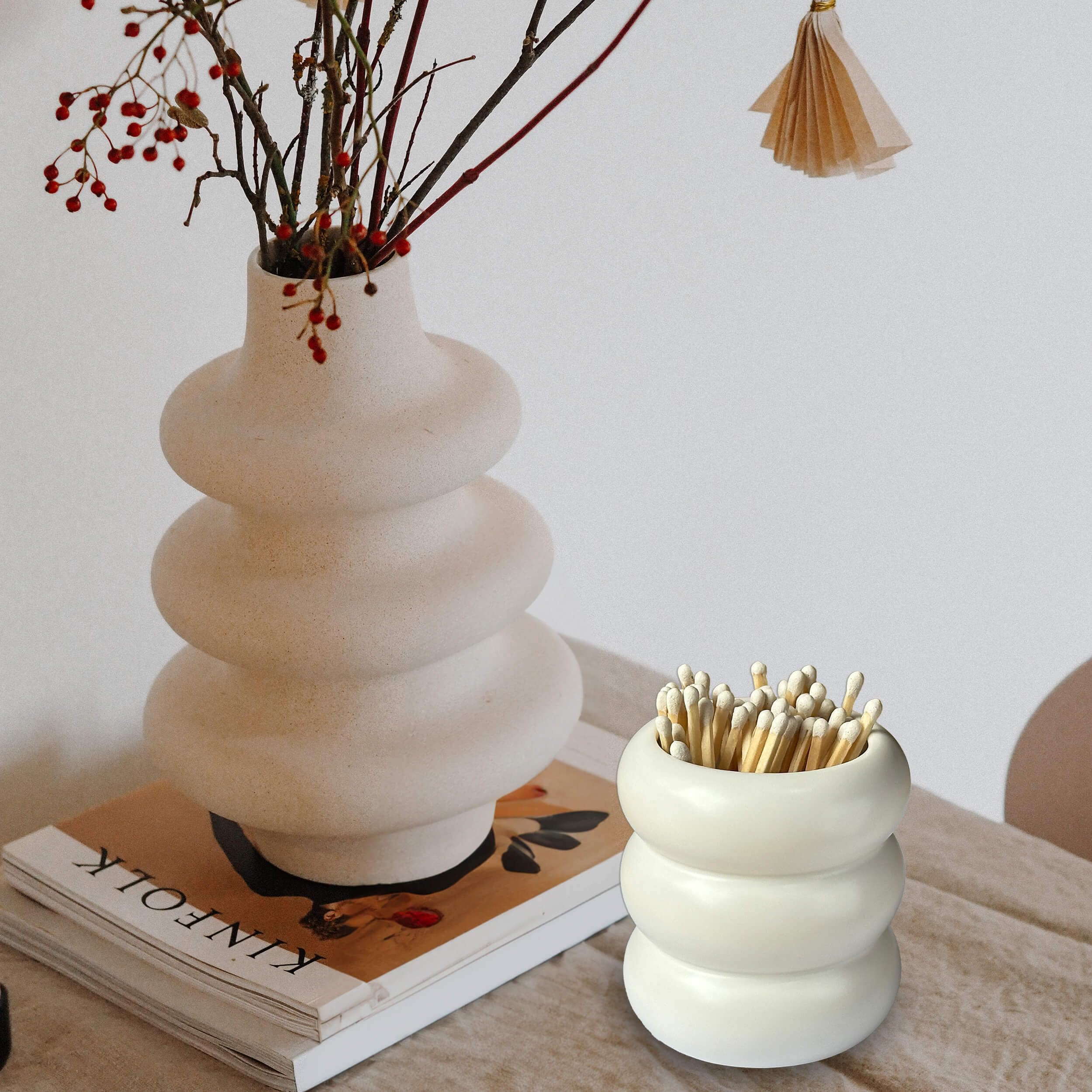 Decorative Ceramic Match Holder with Striker - Large Size for Long Matches Bulk (Sold Without Matches) - Perfect for Fireplaces, Candles & Outdoor Camping