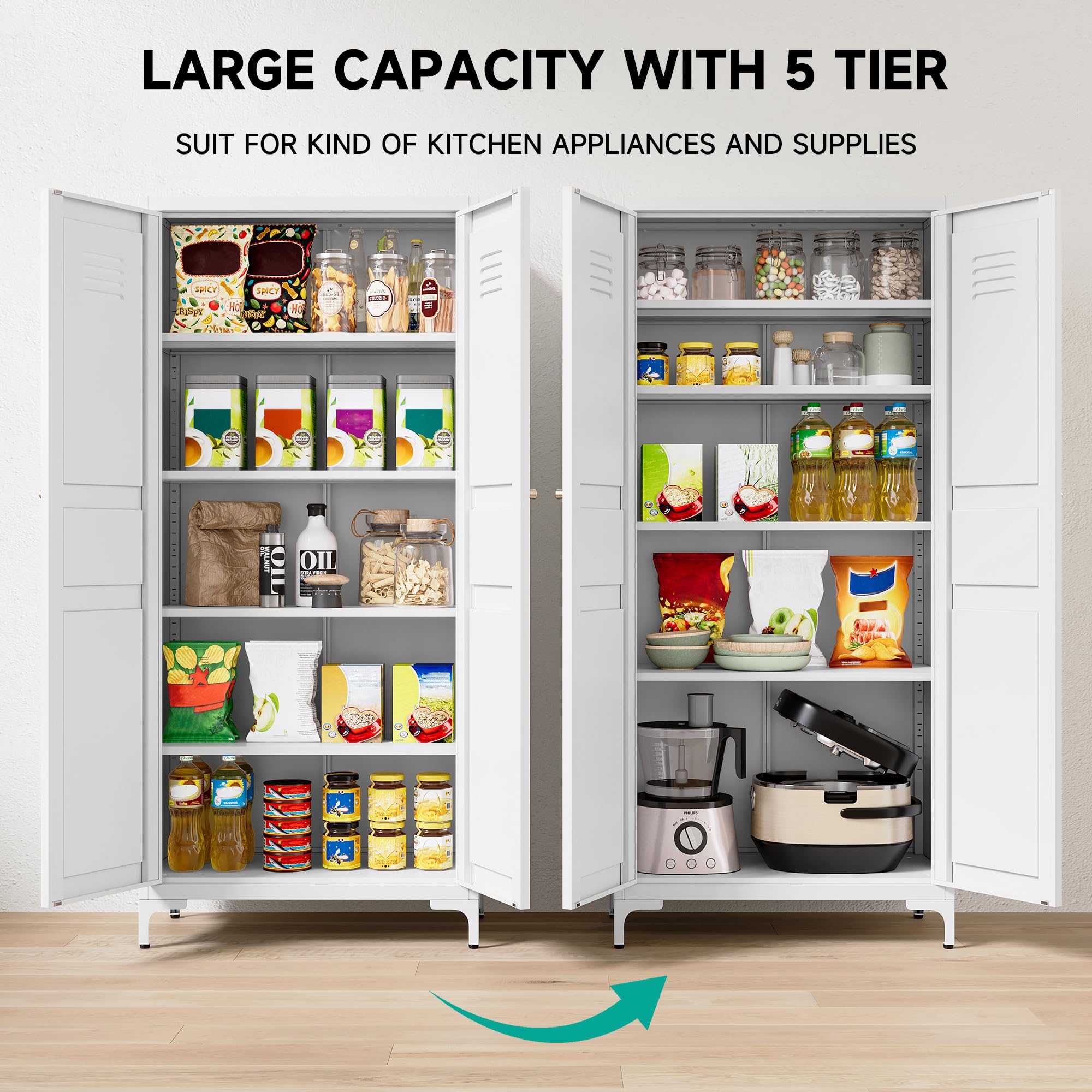 White 5-Tier Metal Storage Cabinet with Doors & Shelves - Tall Large Pantry Cupboard for Kitchen, Dining, Living Room & Laundry Room - Perfect for Food Storage, Home Organization & Space Saving
