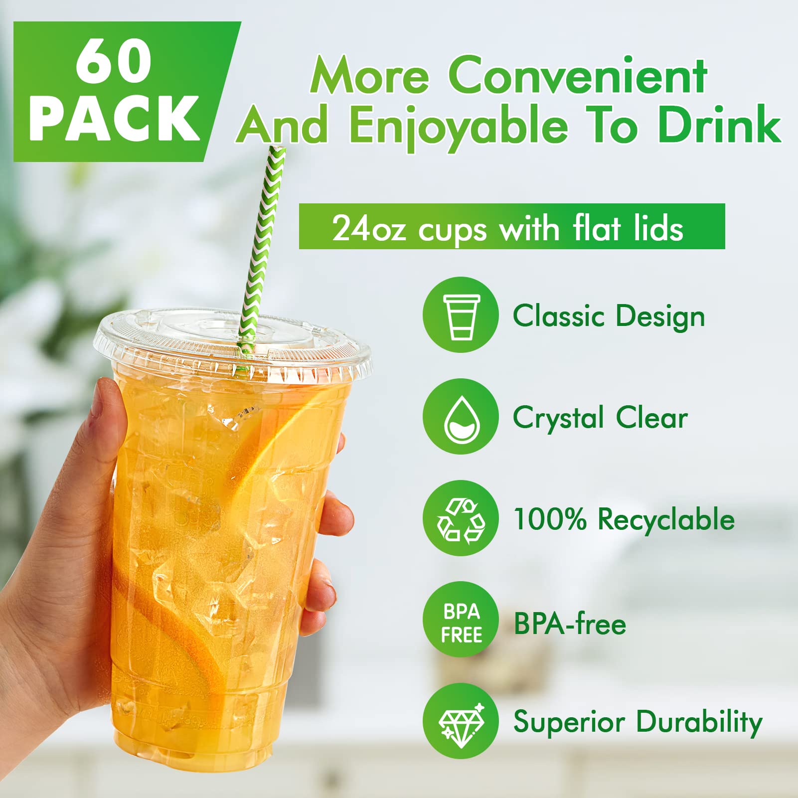 Lilymicky 60 Sets 24 oz Clear Plastic Cups with Flat Lids - Disposable Drinking Cups for Ice Coffee, Smoothies, Slurpee & Cold Beverages - Perfect for Parties, Picnics, BBQs & Office Use