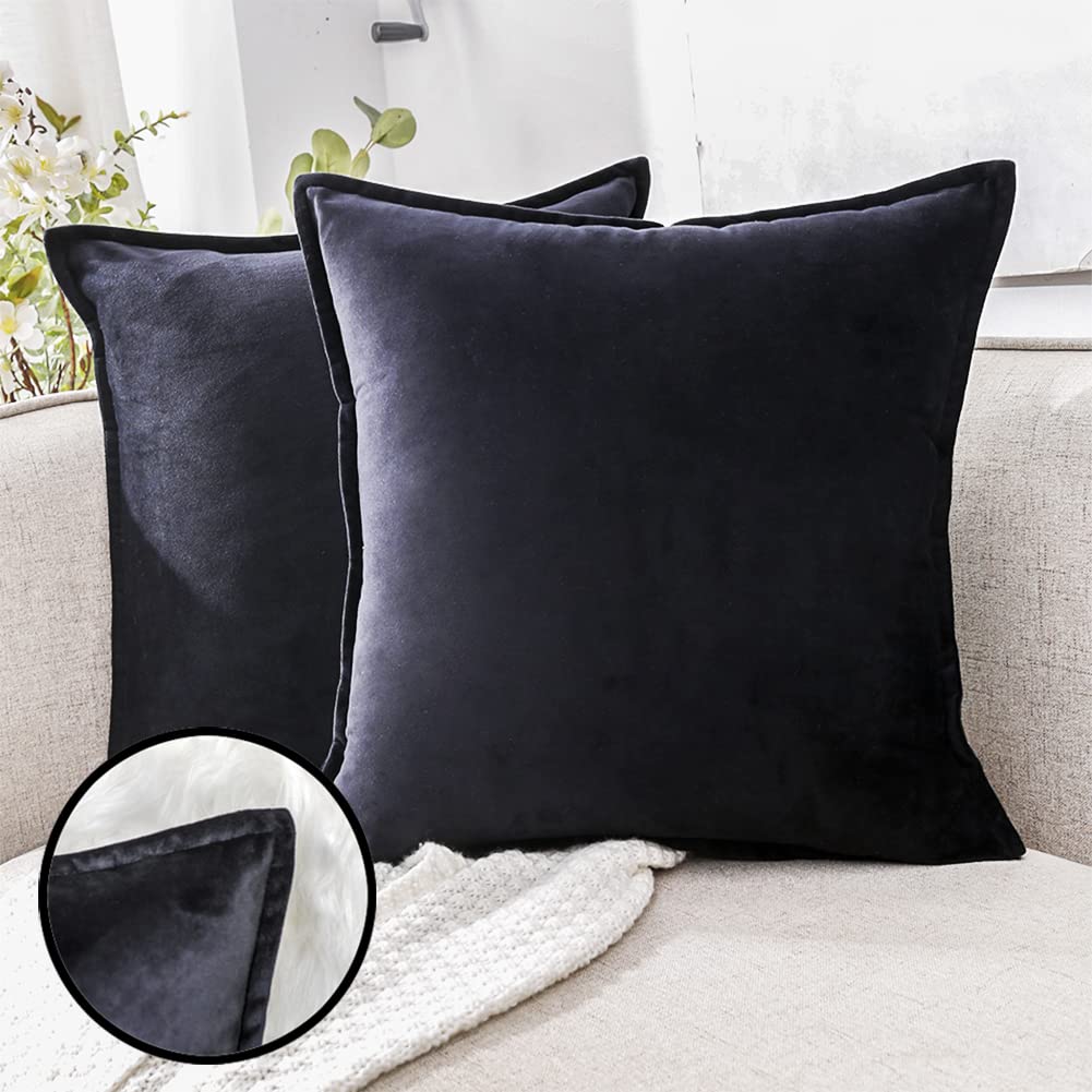 Black Velvet Pillow Covers 18x18 - 2 Pack Soft Decorative Couch Pillows for Living Room & Sofa
