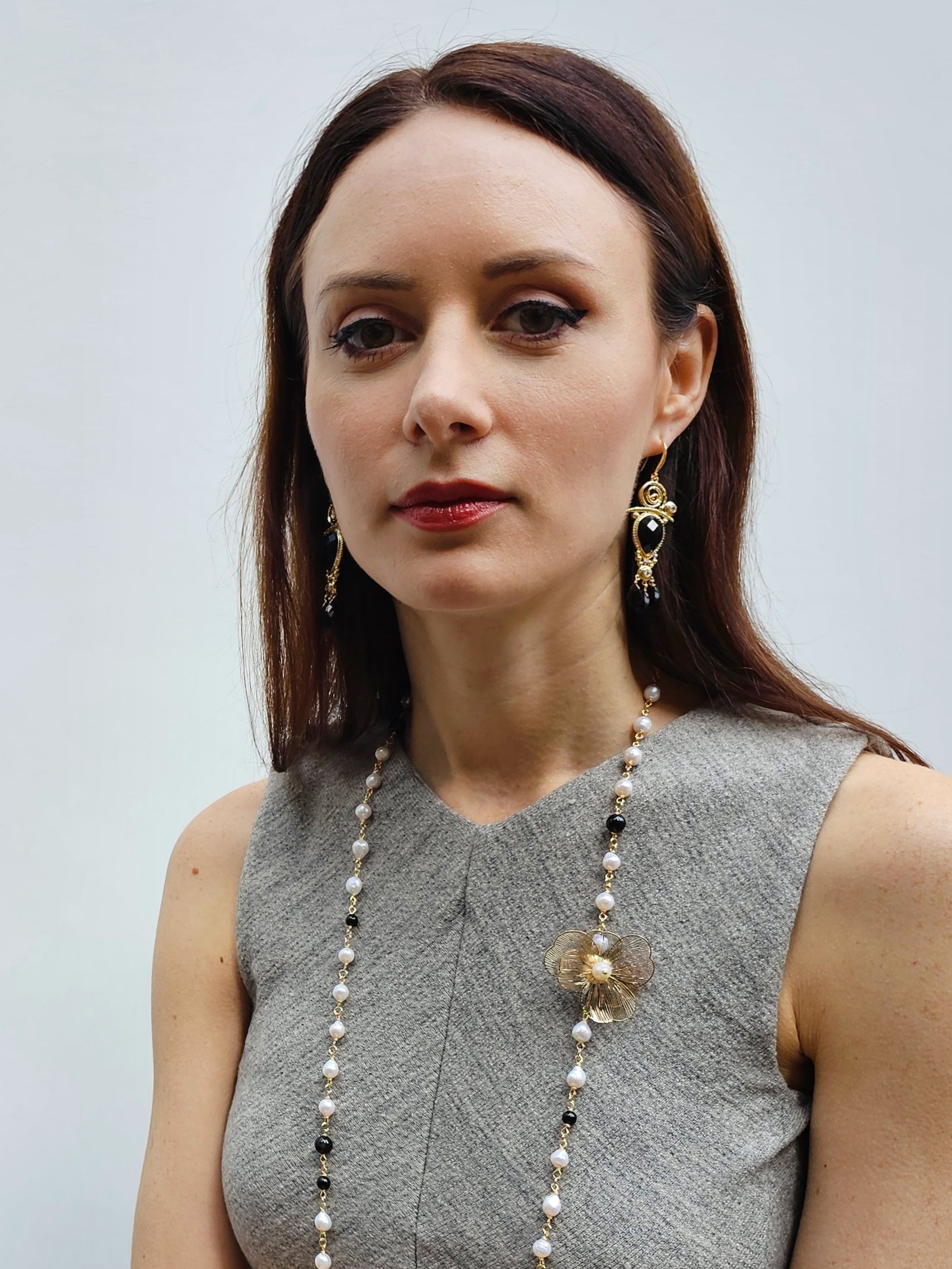 Elegant Freshwater Pearls & Black Obsidian Flower Charm Long Necklace PN004 | Perfect for Weddings, Parties & Special Occasions