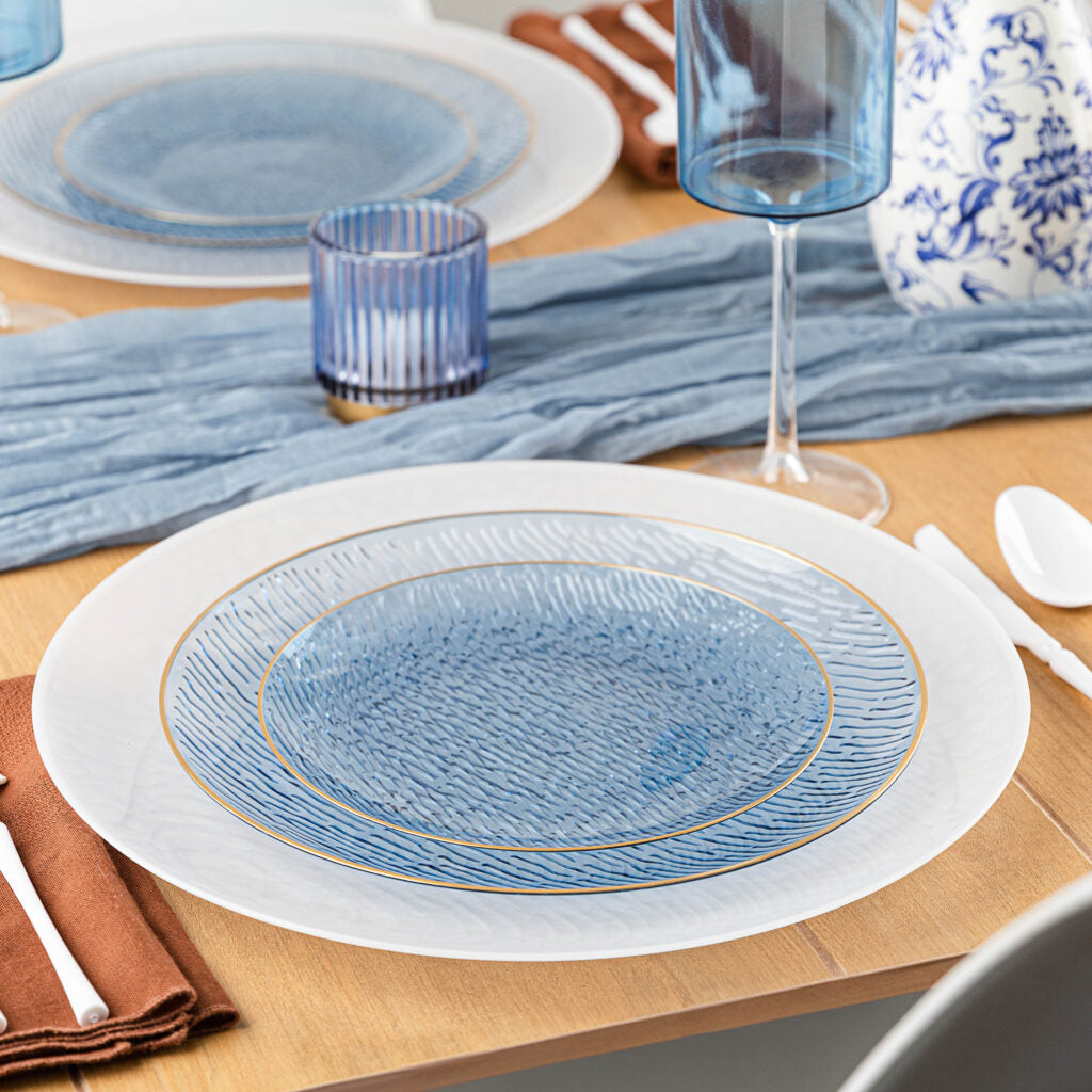 24-Pack Transparent Blue & Gold Rim Round Plastic Dinnerware Set for 12 Guests - Shatterproof Party Plates, Cups & Bowls - Perfect for Weddings, Birthday Parties & Holiday Gatherings