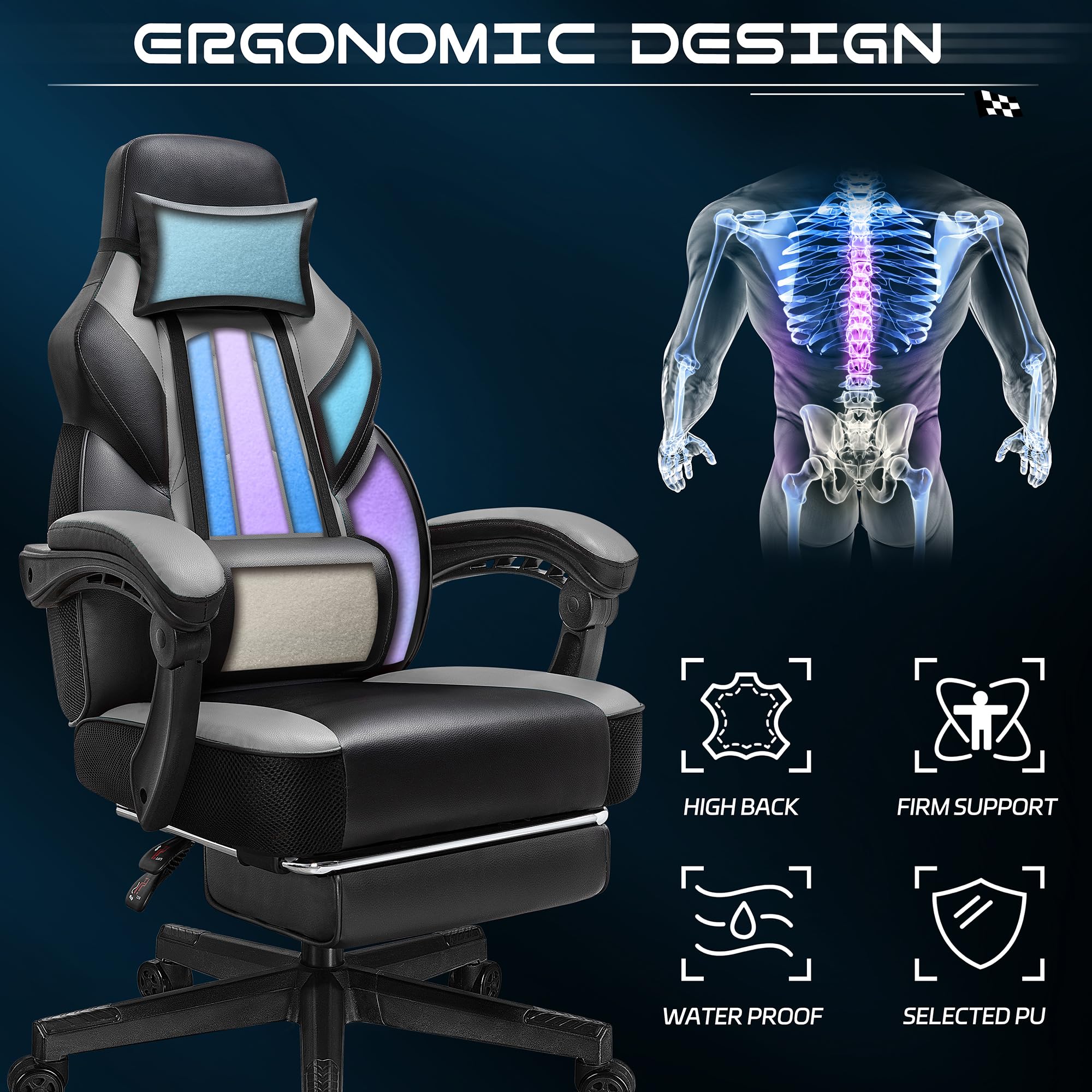 Premium Ergonomic Gaming Chair for Adults - Big and Tall Computer Chair with Adjustable Height, 360° Swivel & Massage Lumbar Support - Includes Footrest for Ultimate Comfort (Grey) - Perfect for PC Gaming, Office Work & Home Entertainment Setup
