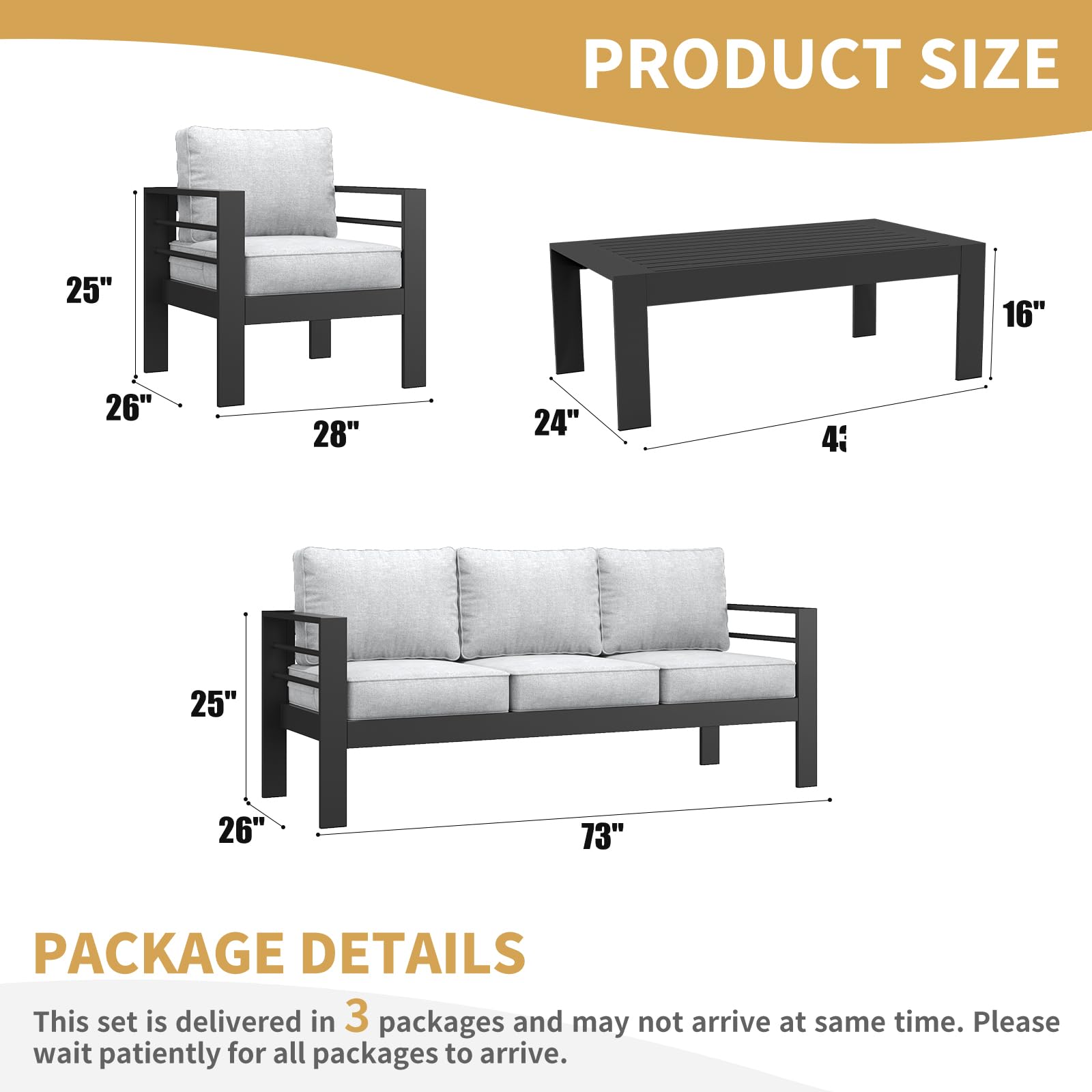 LayinSun 4-Piece Outdoor Aluminum Patio Furniture Set - Modern Sectional Conversation Sofa with Coffee Table for Backyard, Garden, and Poolside Relaxation