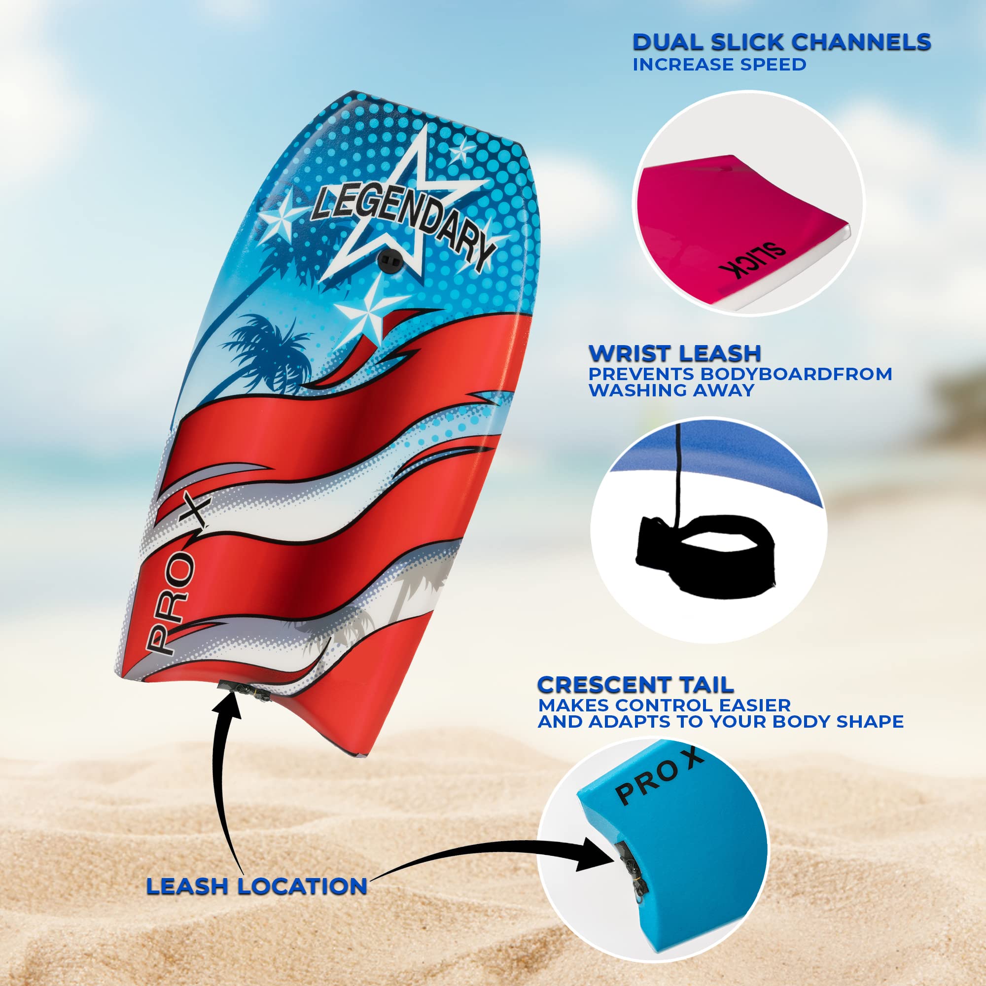 Legendary Pro X Bodyboard - Premium Hard Slick Bottom Boogie Board for Kids & Adults | Durable EPS Core & Heat Sealed Construction | Includes Leash | Perfect for Beach Waves, Surfing & Water Sports