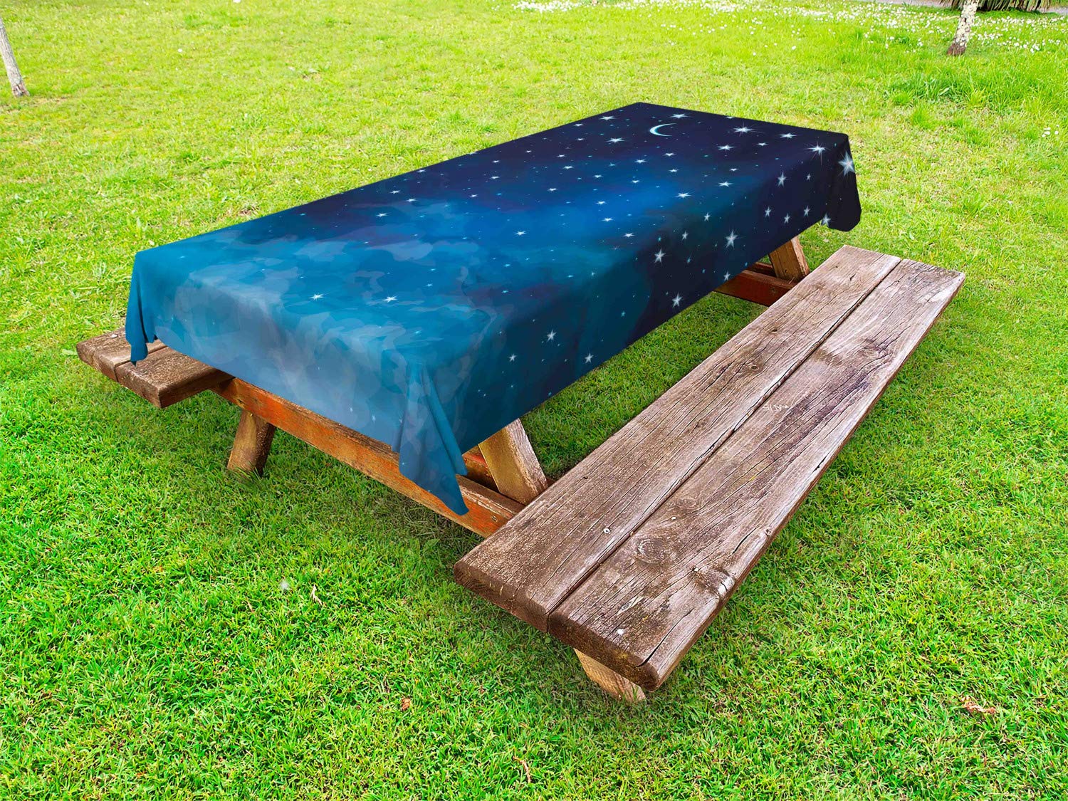 Ambesonne Waterproof Outdoor Tablecloth - Abstract Starry Night Sky with Crescent Moon & Constellation Design - Washable Picnic Table Cover 58